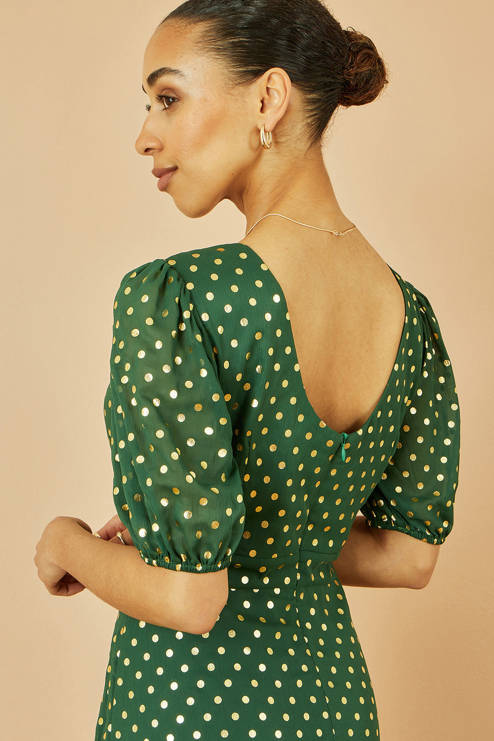 Green Gold Foil Spot Midi Dress With Scoop Back