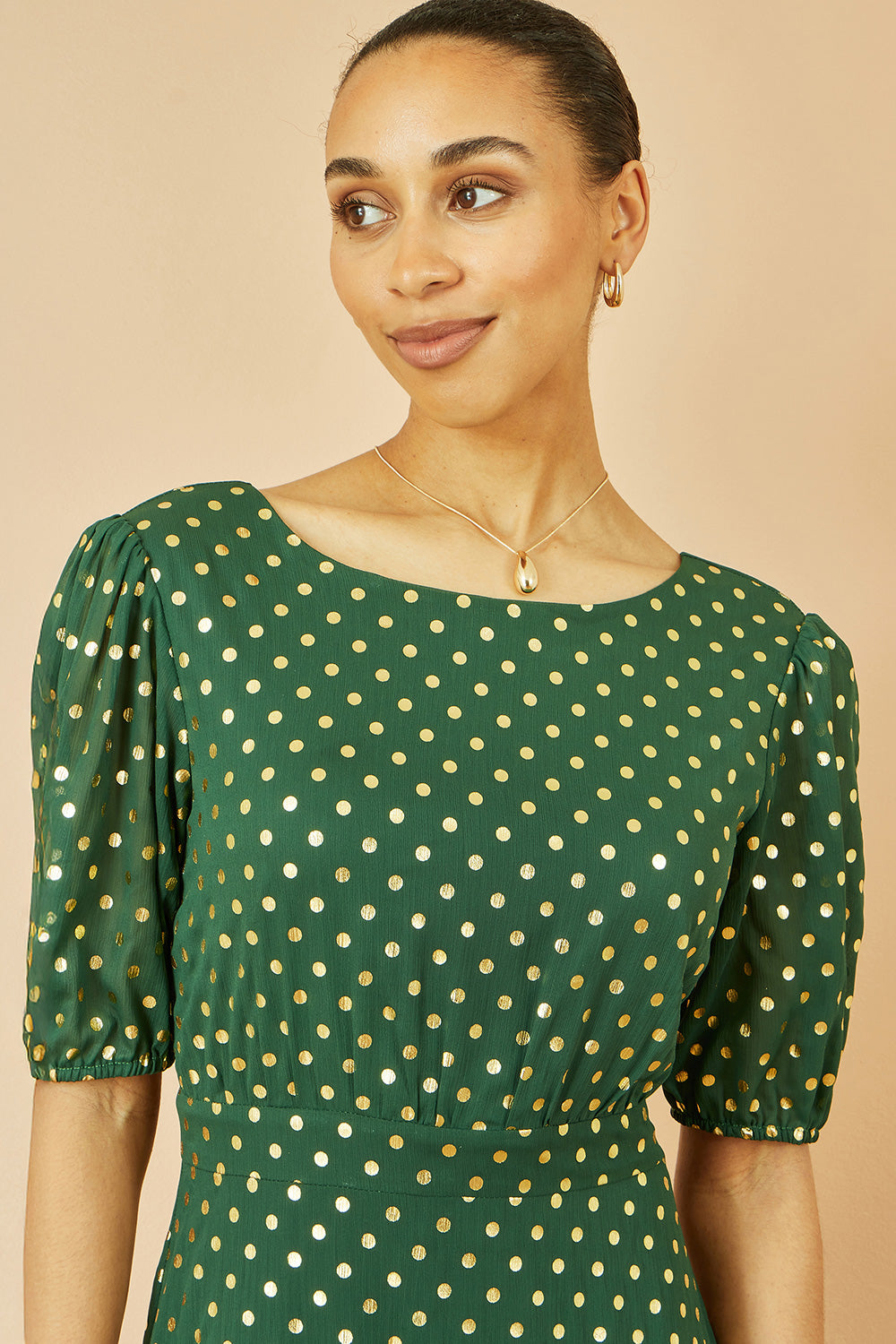 Green Gold Foil Spot Midi Dress With Scoop Back