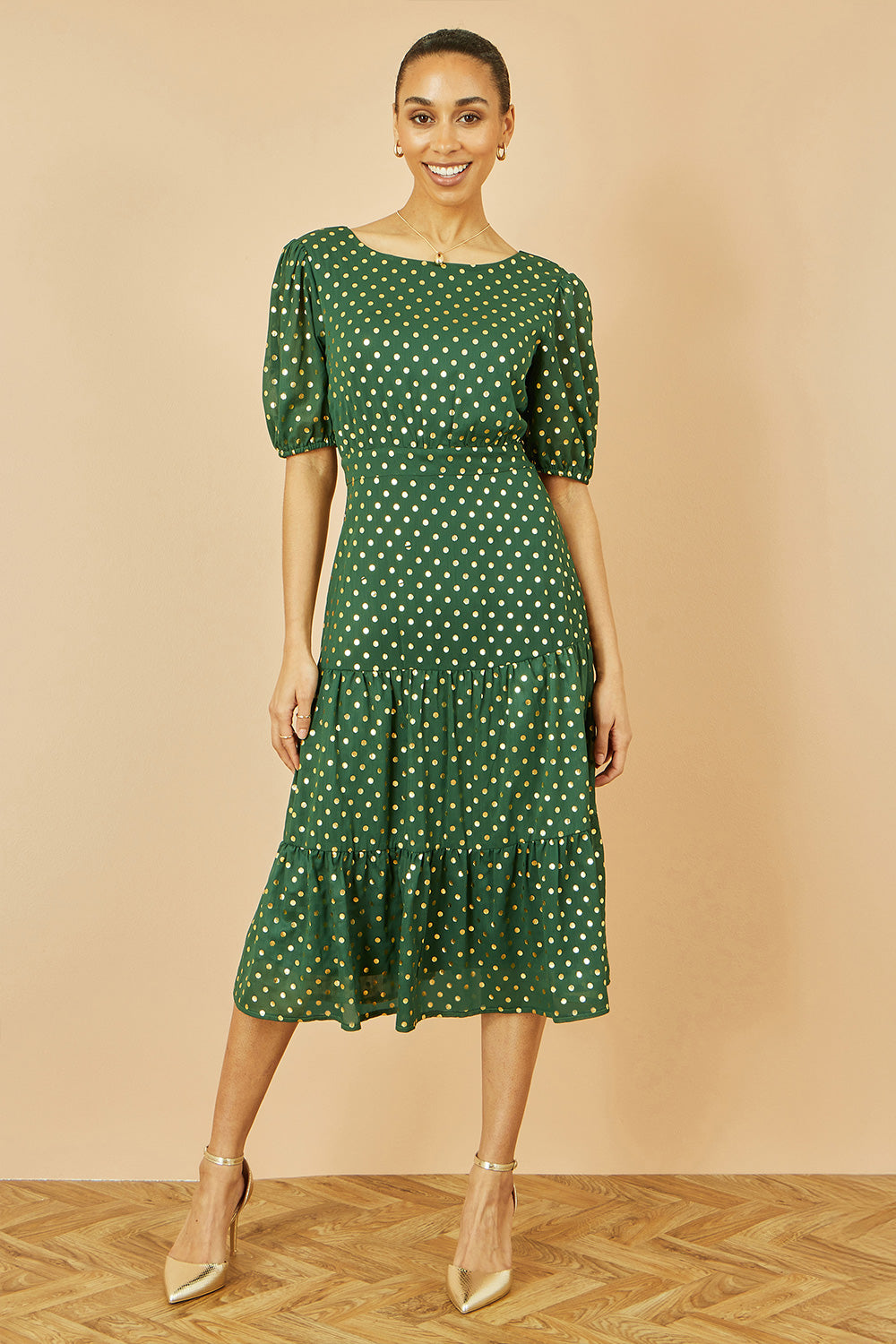 Green Gold Foil Spot Midi Dress With Scoop Back