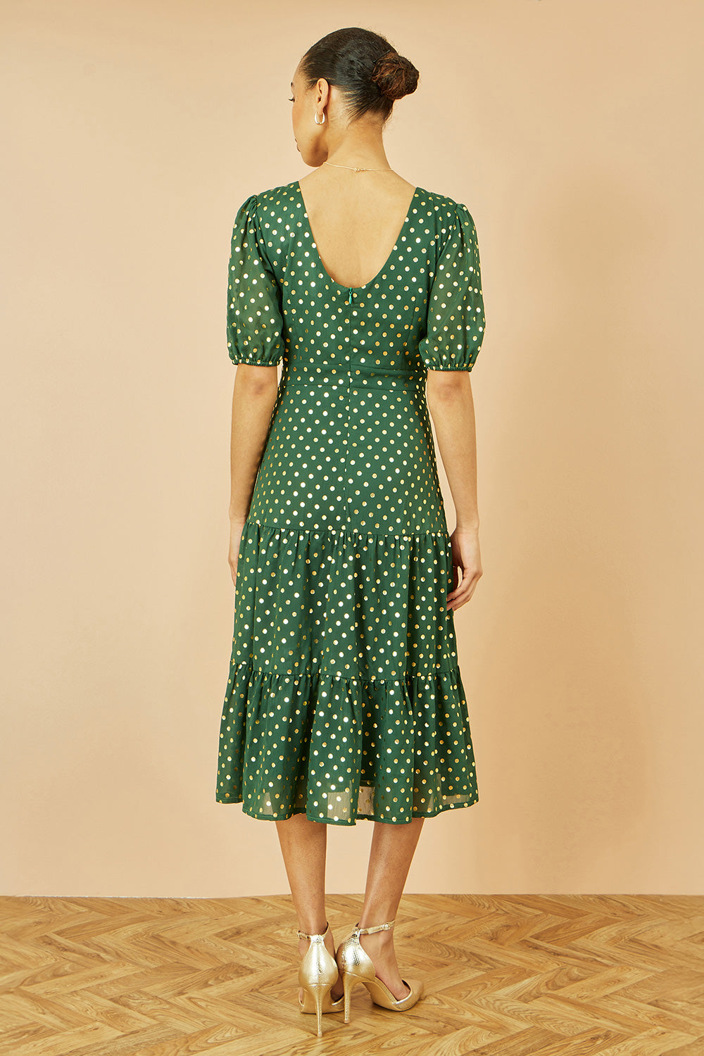 Green Gold Foil Spot Midi Dress With Scoop Back