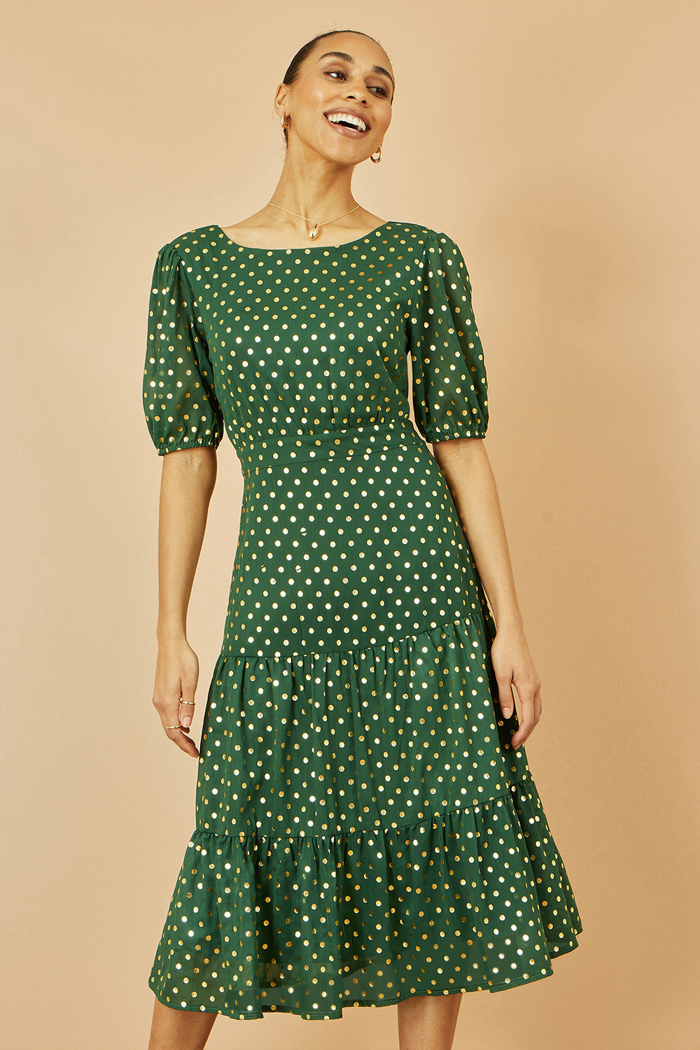 Green Gold Foil Spot Midi Dress With Scoop Back