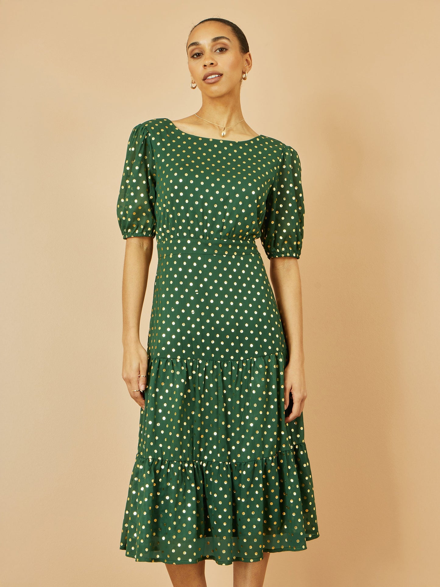 Green Gold Foil Spot Midi Dress With Scoop Back