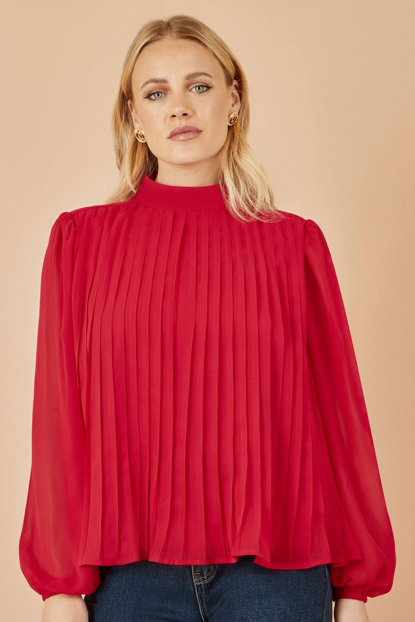 Red Pleated High Neck Top