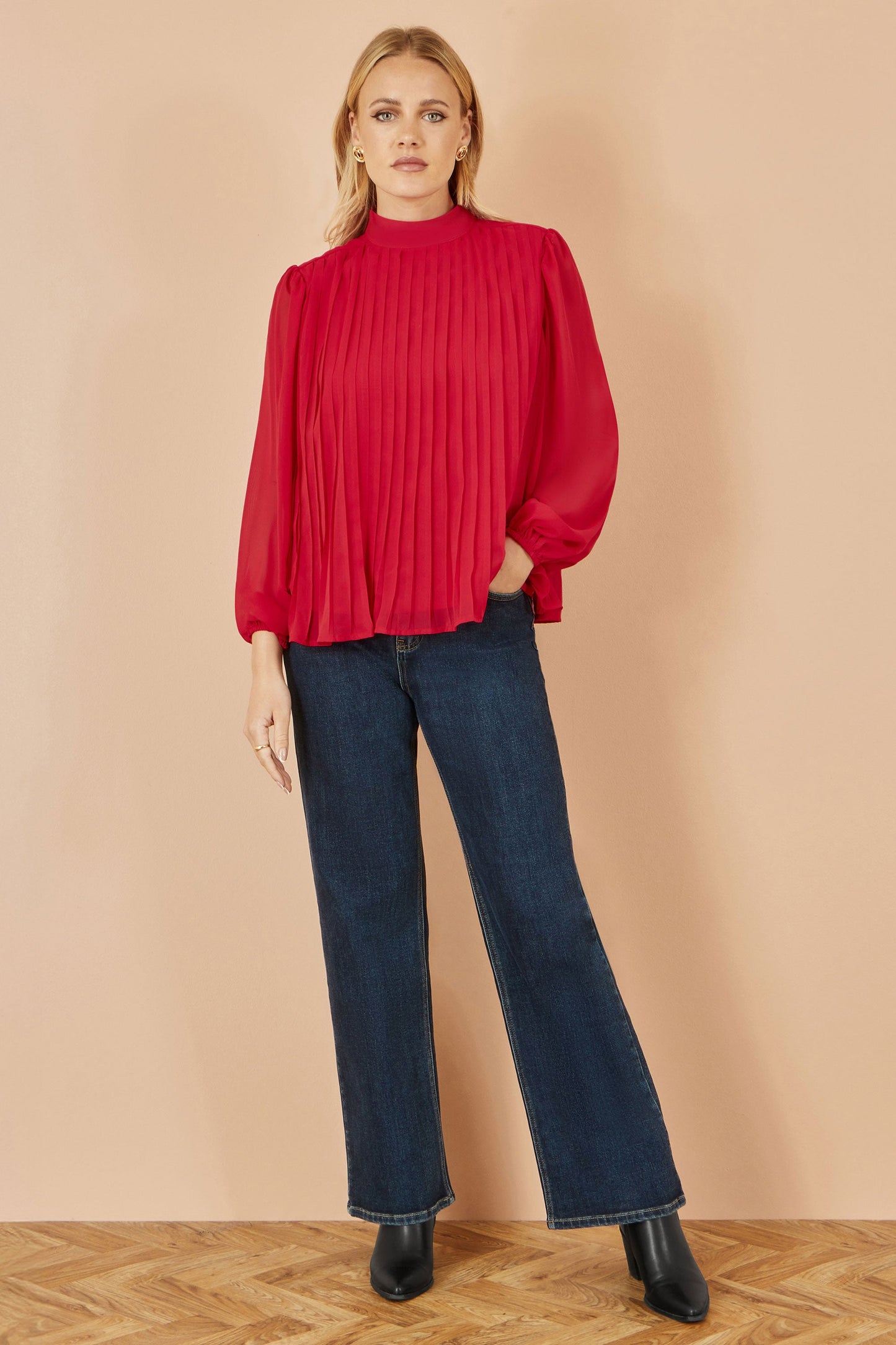 Red Pleated High Neck Top