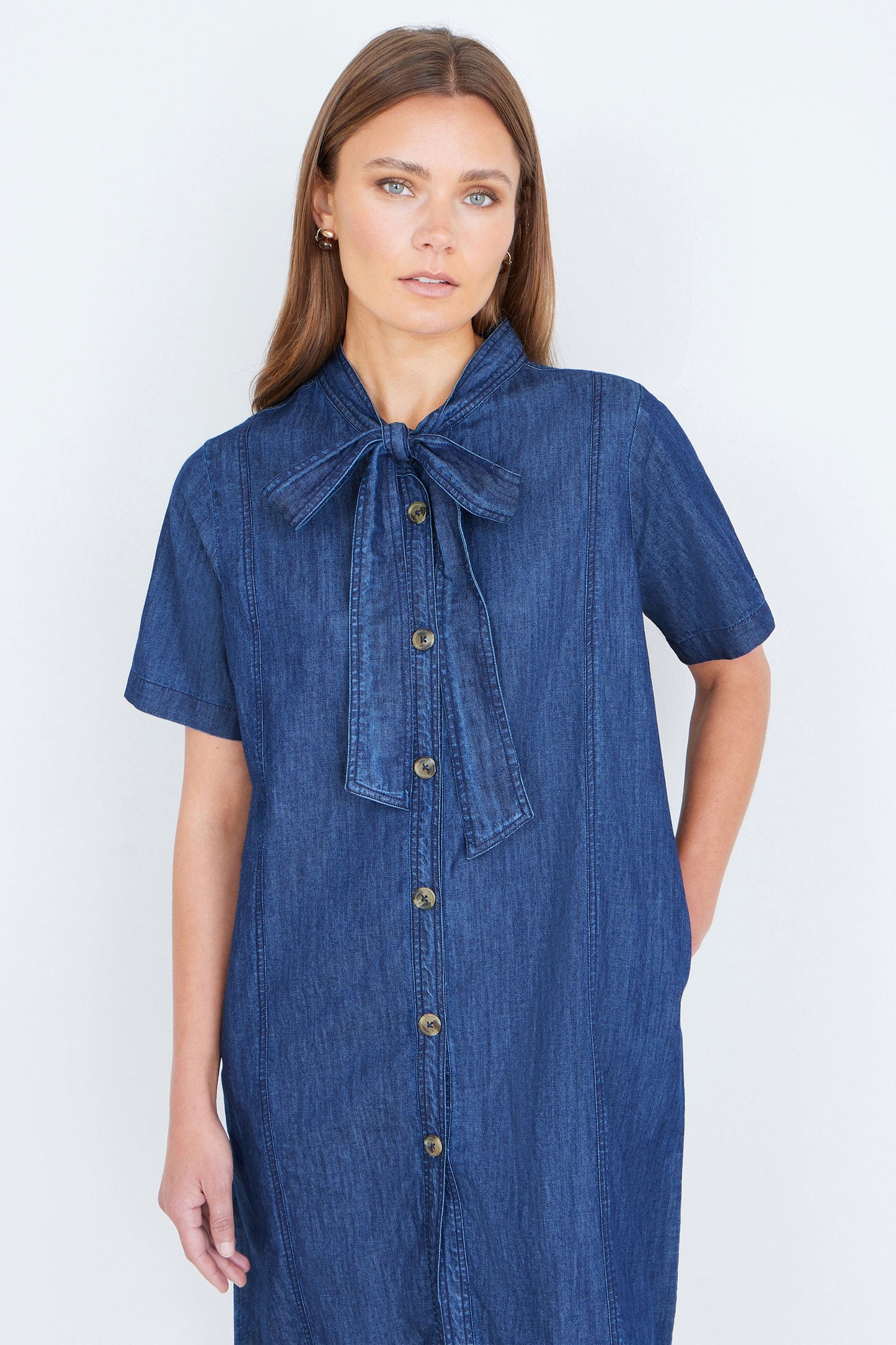 Blue Chambray Tunic With Pussy Bow Tie