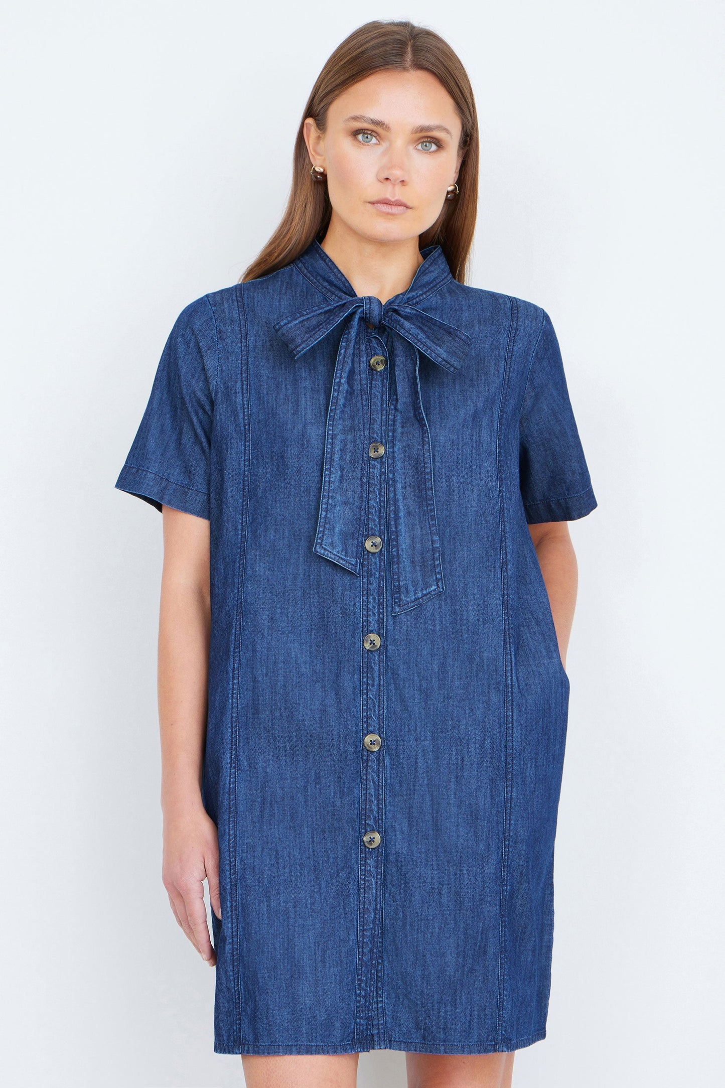 Blue Chambray Tunic With Pussy Bow Tie