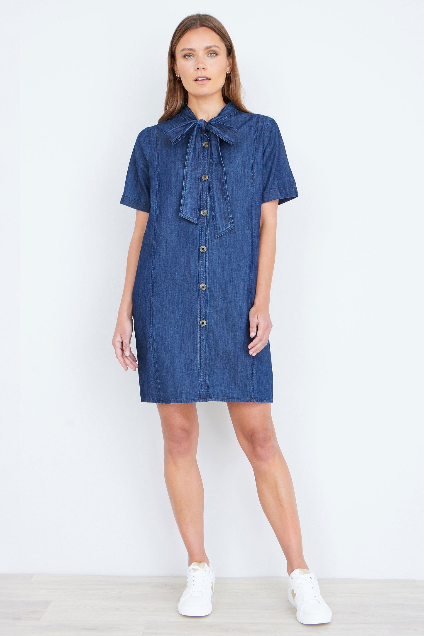 Blue Chambray Tunic With Pussy Bow Tie
