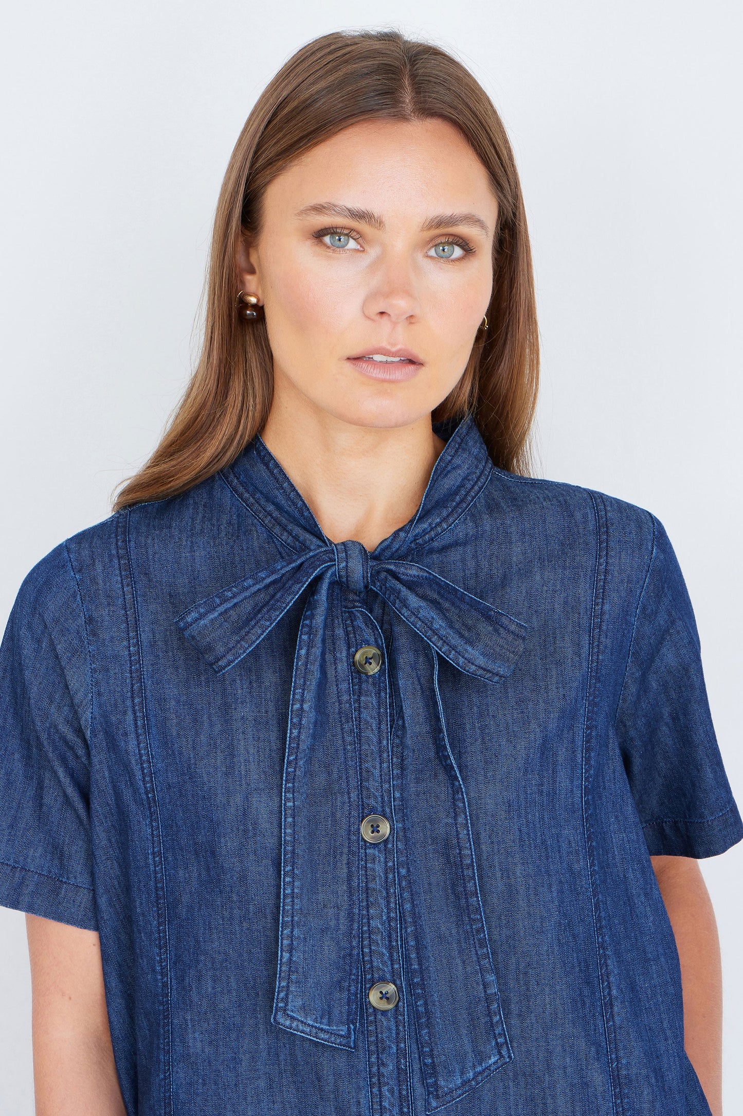 Blue Chambray Tunic With Pussy Bow Tie