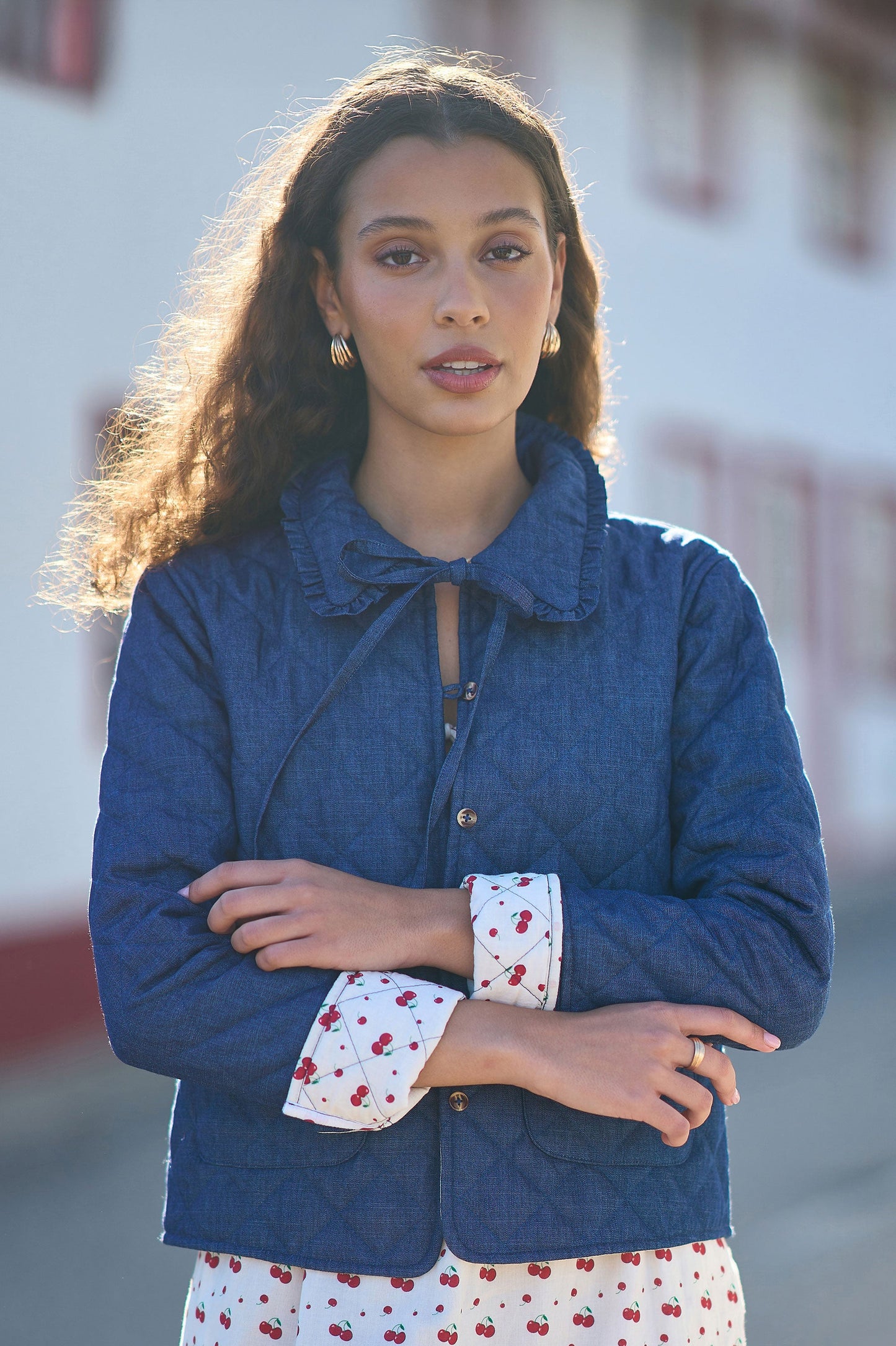 Blue Chambray Quilted Jacket With Cherry Lining