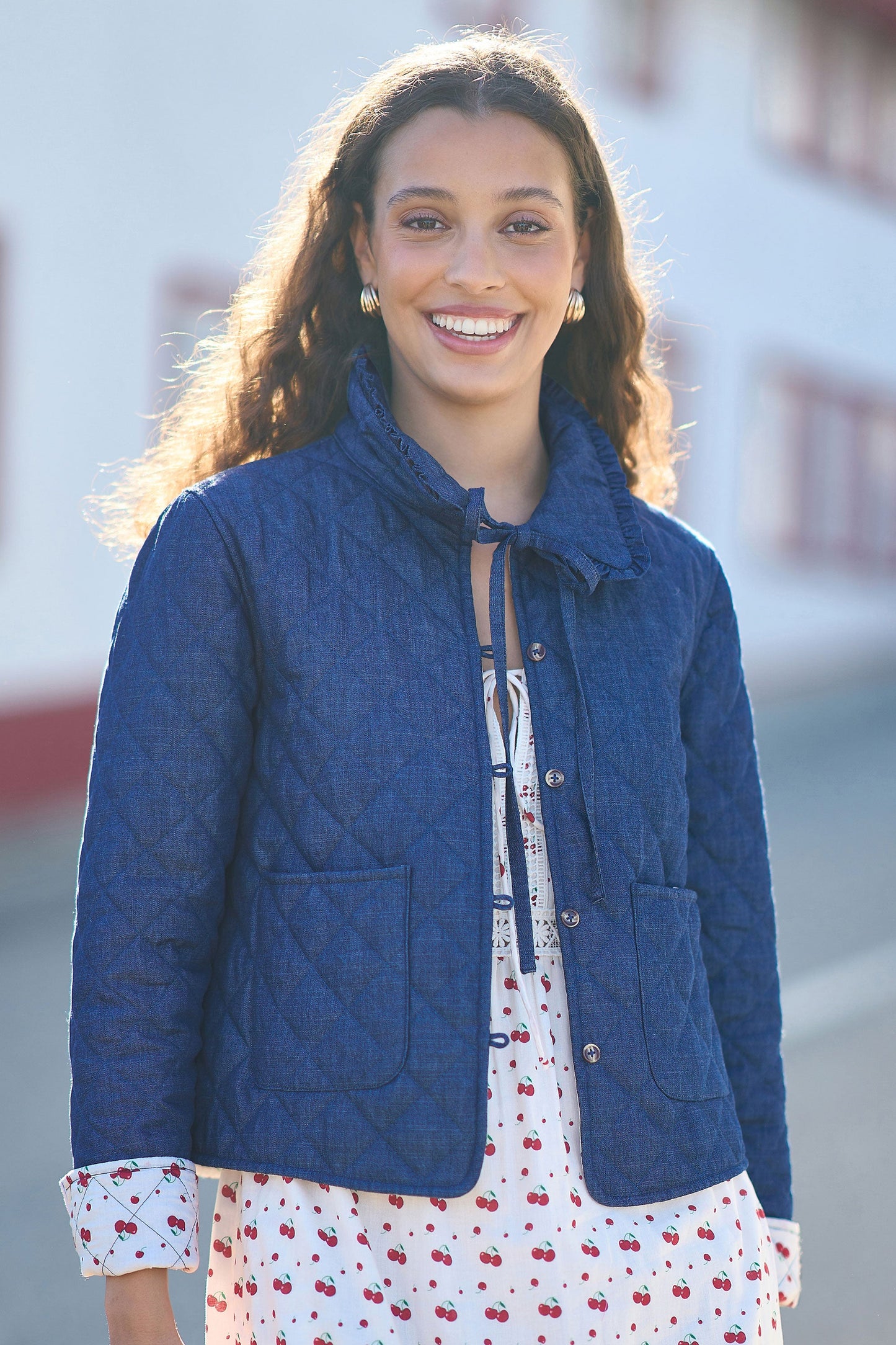 Blue Chambray Quilted Jacket With Cherry Lining