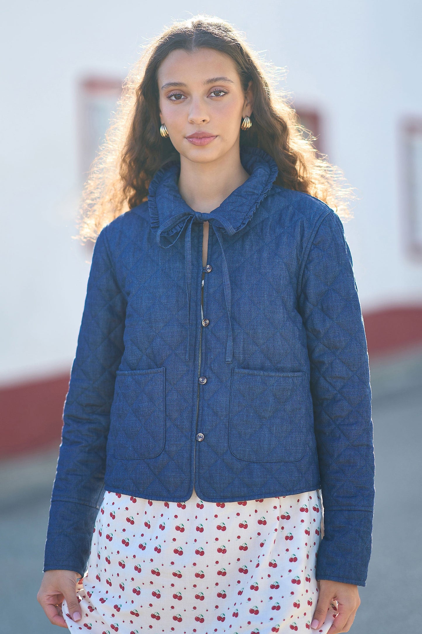 Blue Chambray Quilted Jacket With Cherry Lining