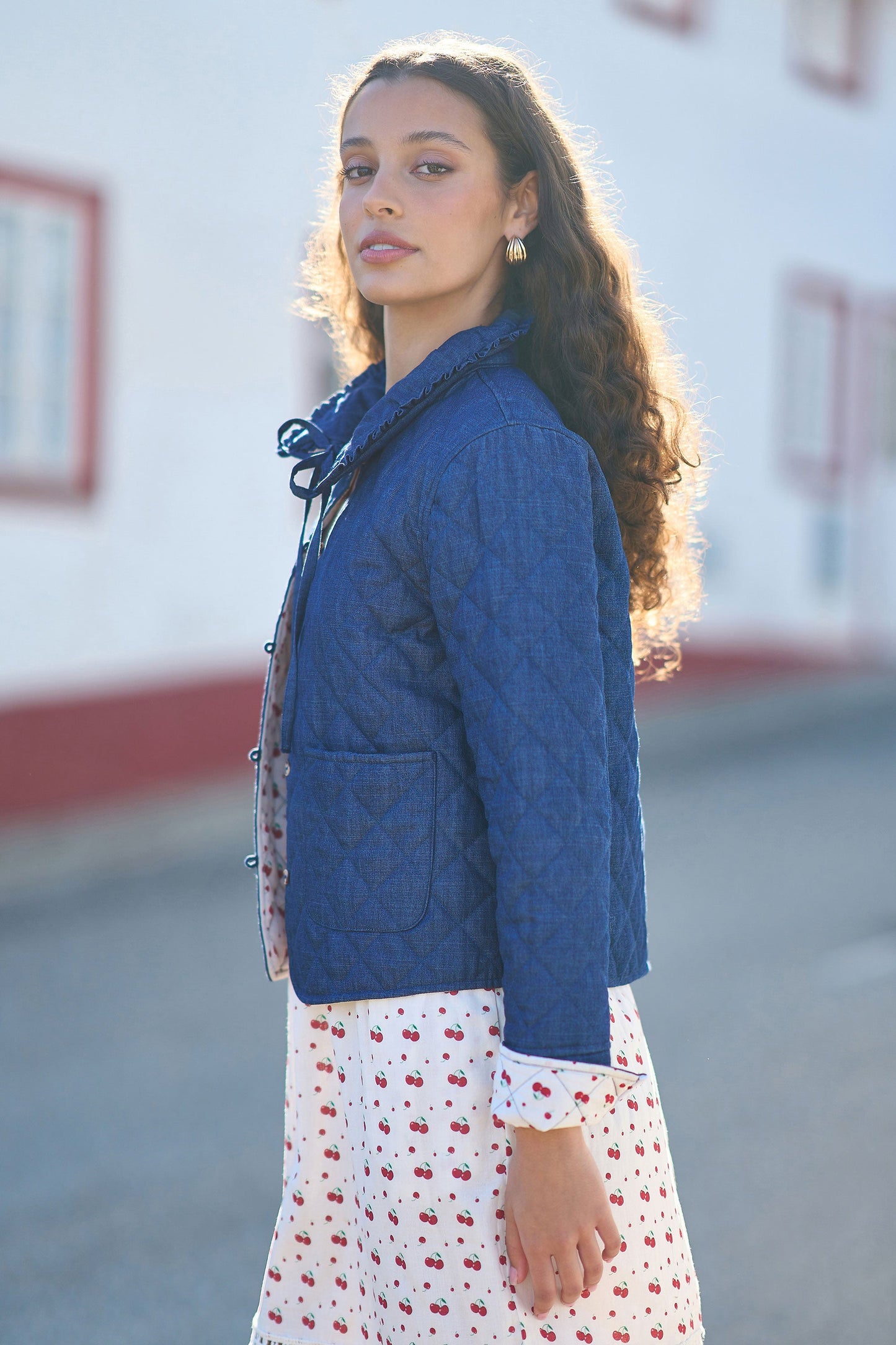 Blue Chambray Quilted Jacket With Cherry Lining