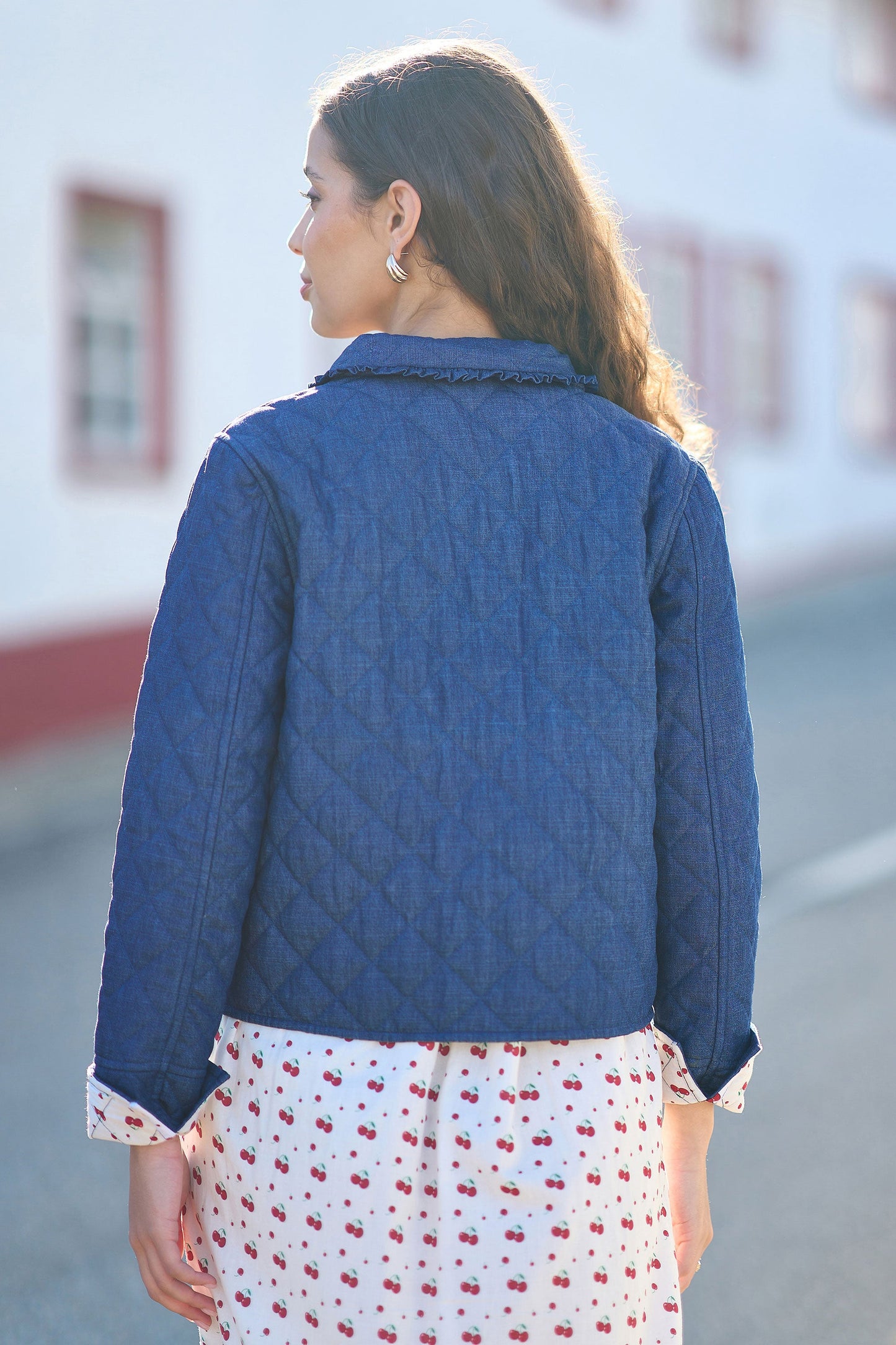Blue Chambray Quilted Jacket With Cherry Lining