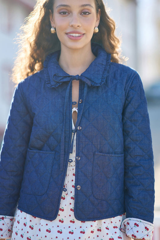 Blue Chambray Quilted Jacket With Cherry Lining