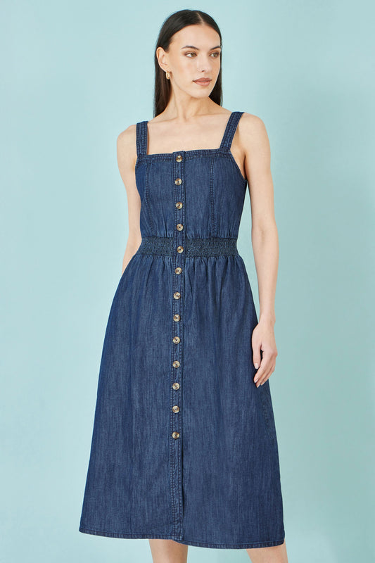 Blue Chambray Cotton Ruched Midi Sun Dress