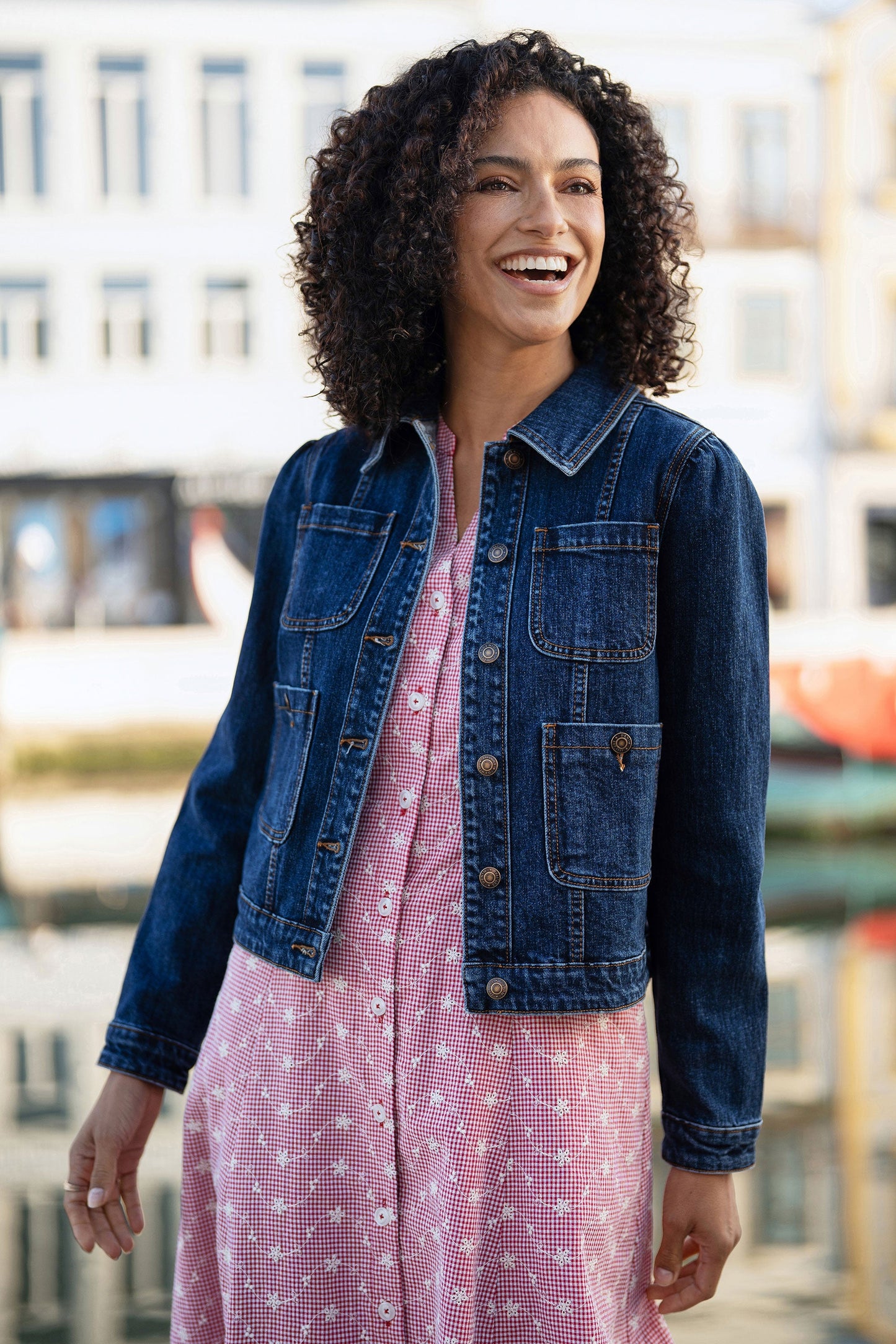 Blue Stretch Denim Jacket With Pocket Detail