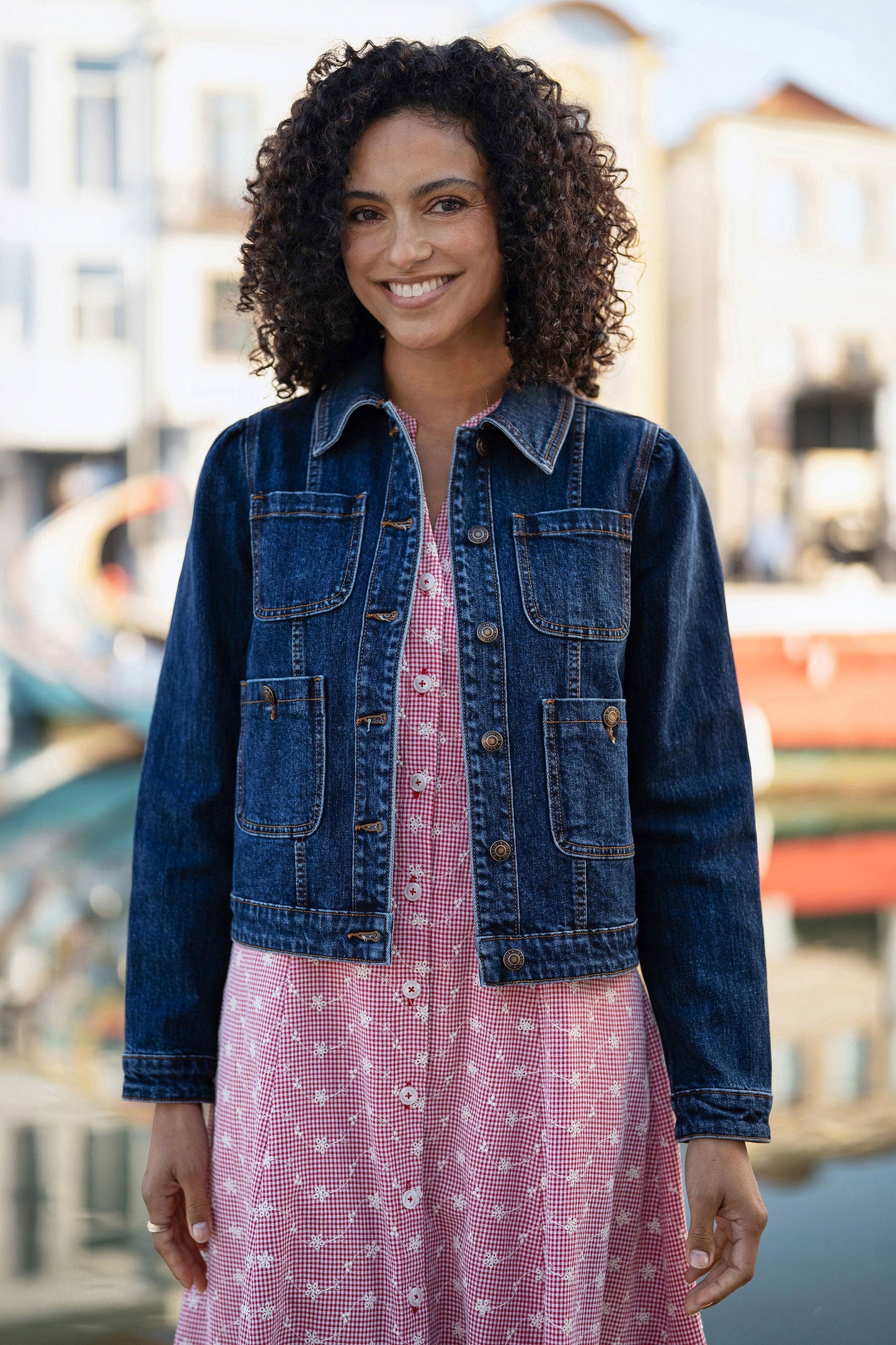 Blue Stretch Denim Jacket With Pocket Detail