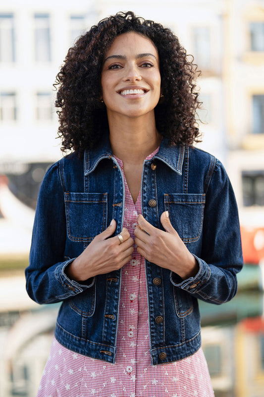 Blue Stretch Denim Jacket With Pocket Detail
