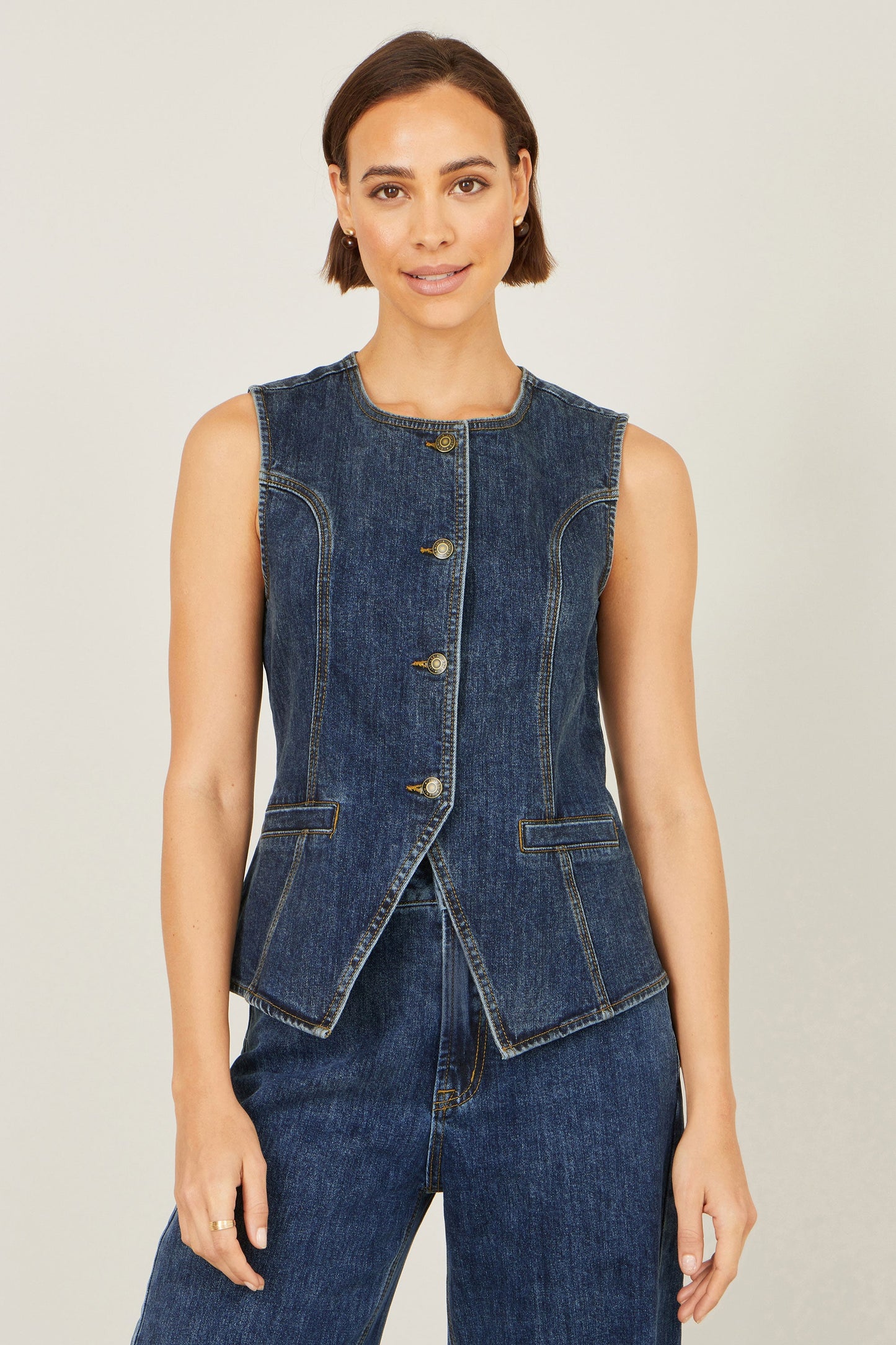 Blue Stretch Long Denim Waistcoat