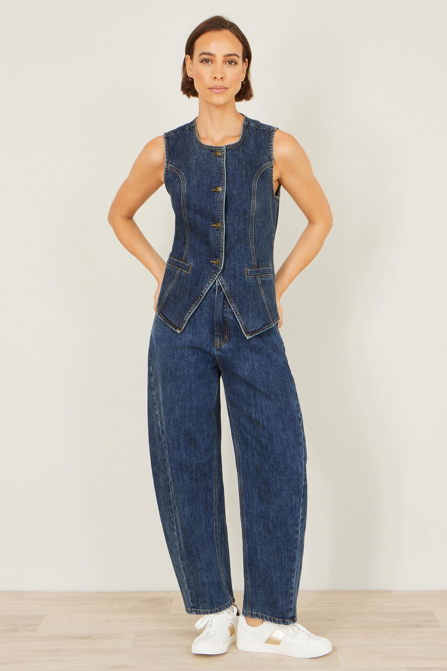 Blue Stretch Long Denim Waistcoat