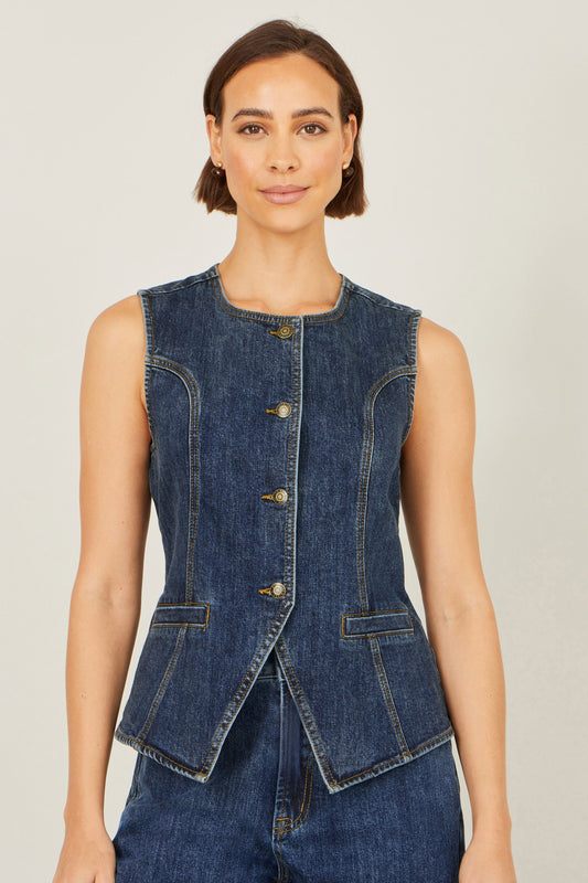 Blue Stretch Long Denim Waistcoat