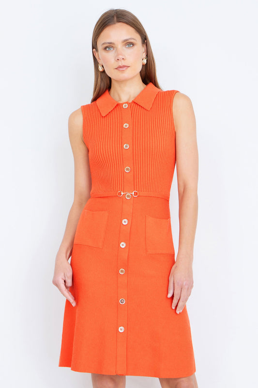 Orange Rib Knitted Skater Dress With Buckle Detail