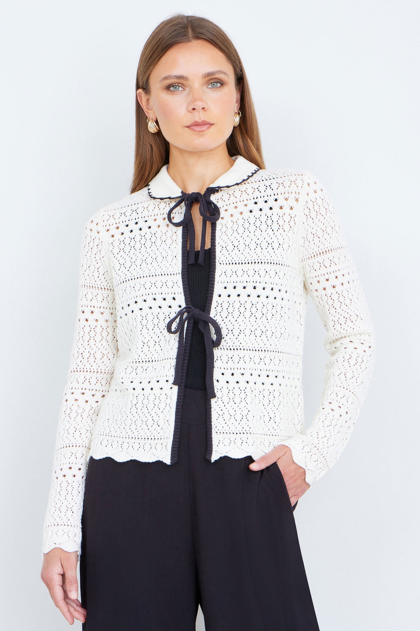 Ivory Crochet Knitted Cardigan With Peter Pan Collar