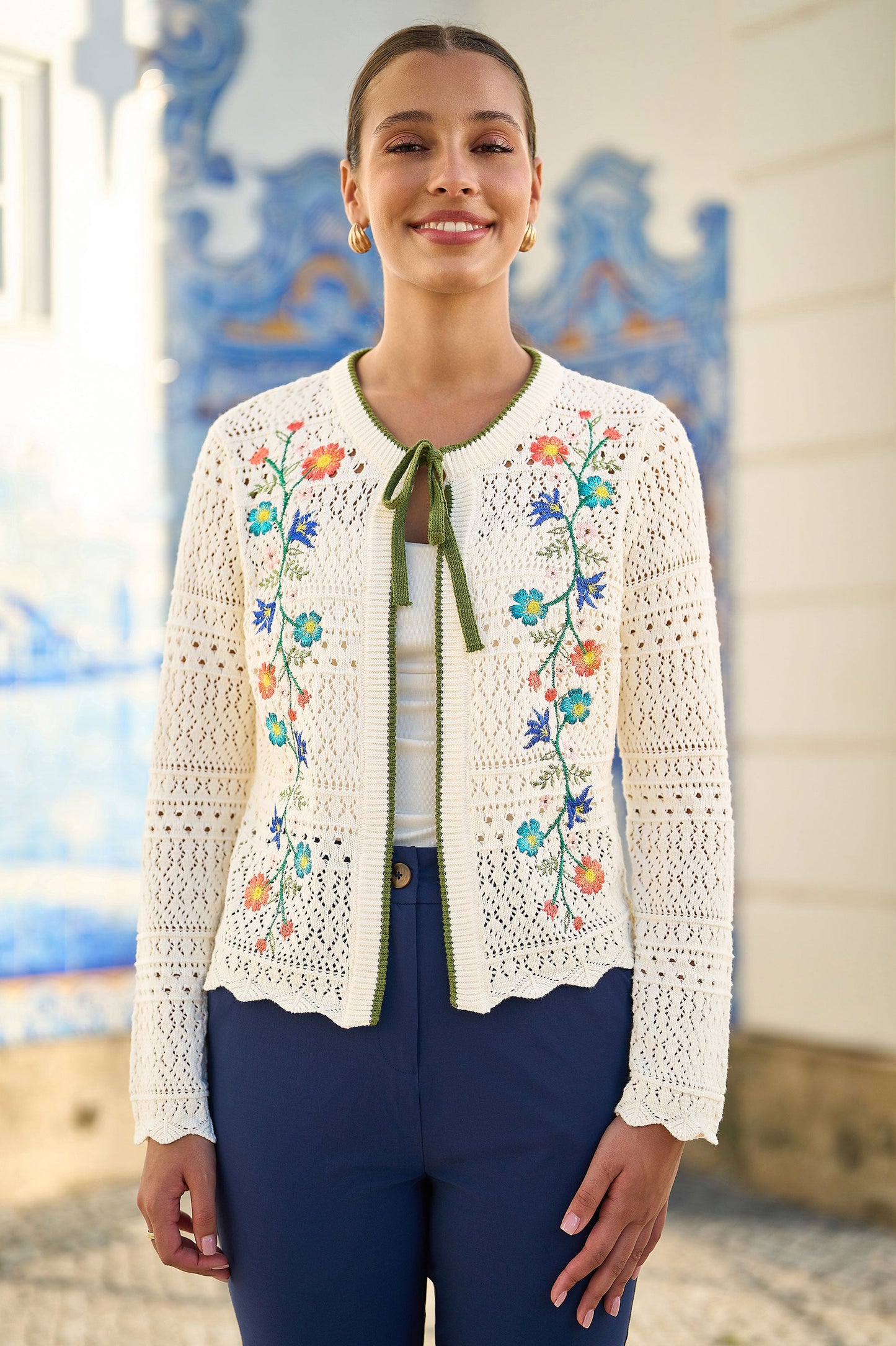 Ivory Crochet Knitted Tie Front Cardigan With Floral Embroidery