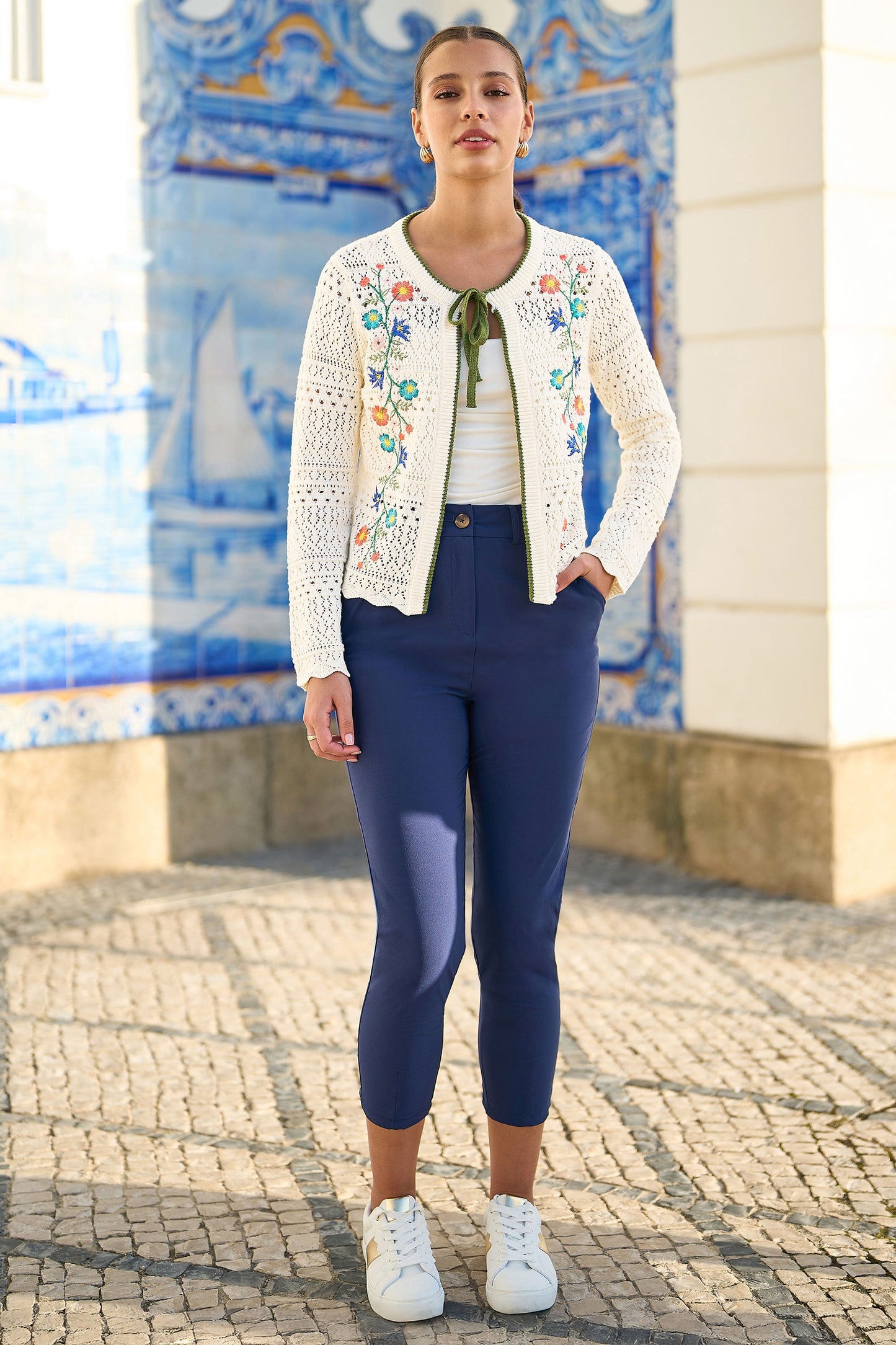 Ivory Crochet Knitted Tie Front Cardigan With Floral Embroidery