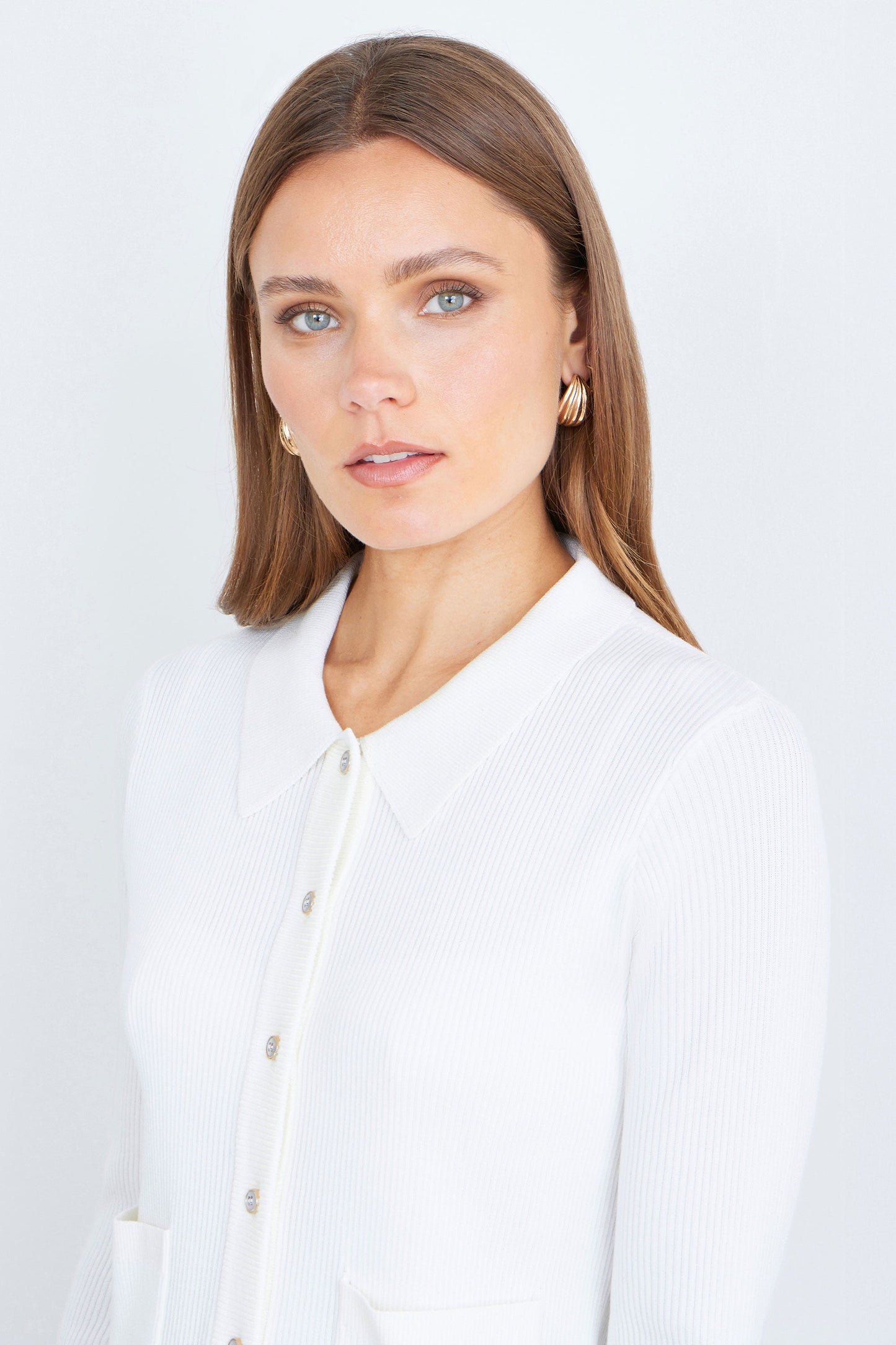 Ivory Ribbed Collar Button Up Cardigan