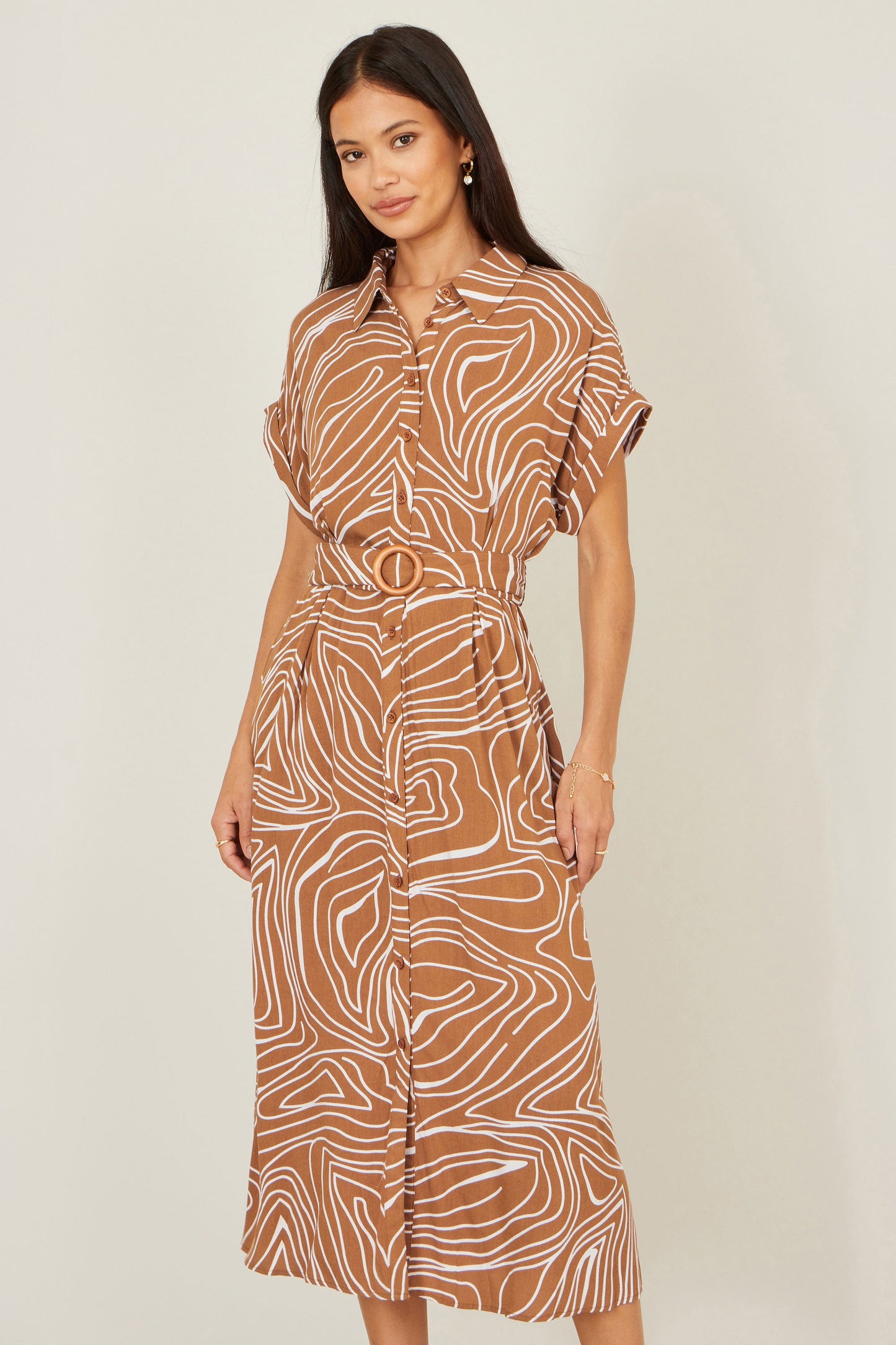 Brown Abstract Swirl Print Relaxed Midi Shirt Dress With Belt