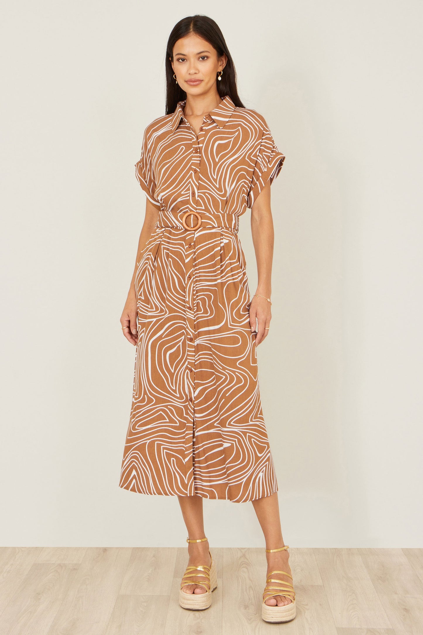 Brown Abstract Swirl Print Relaxed Midi Shirt Dress With Belt