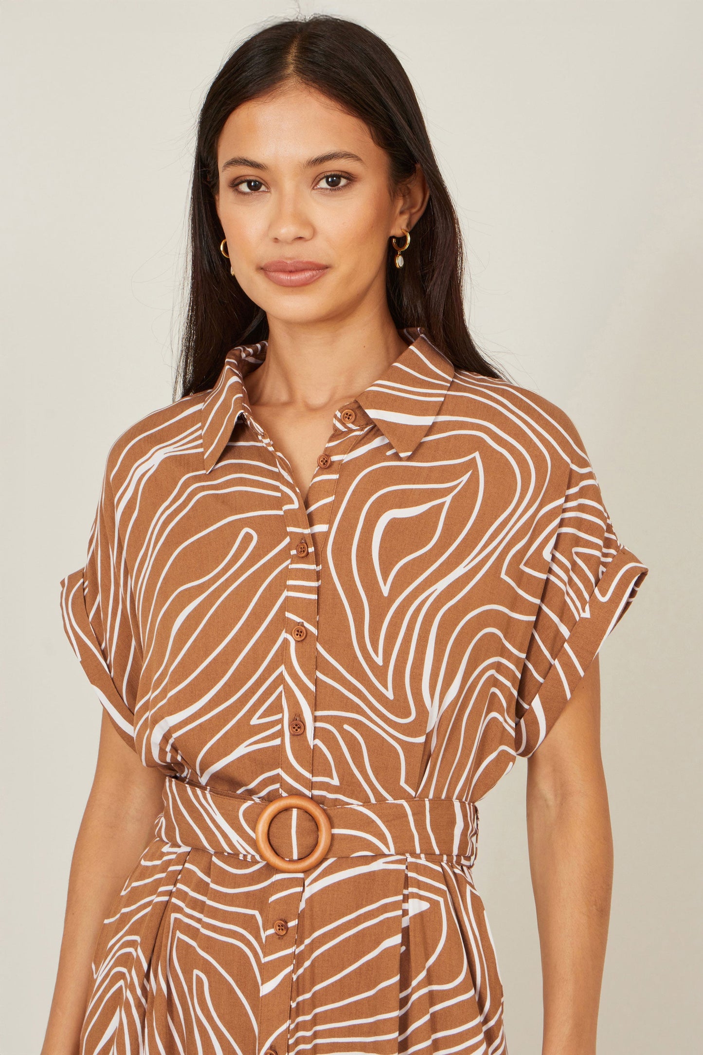 Brown Abstract Swirl Print Relaxed Midi Shirt Dress With Belt