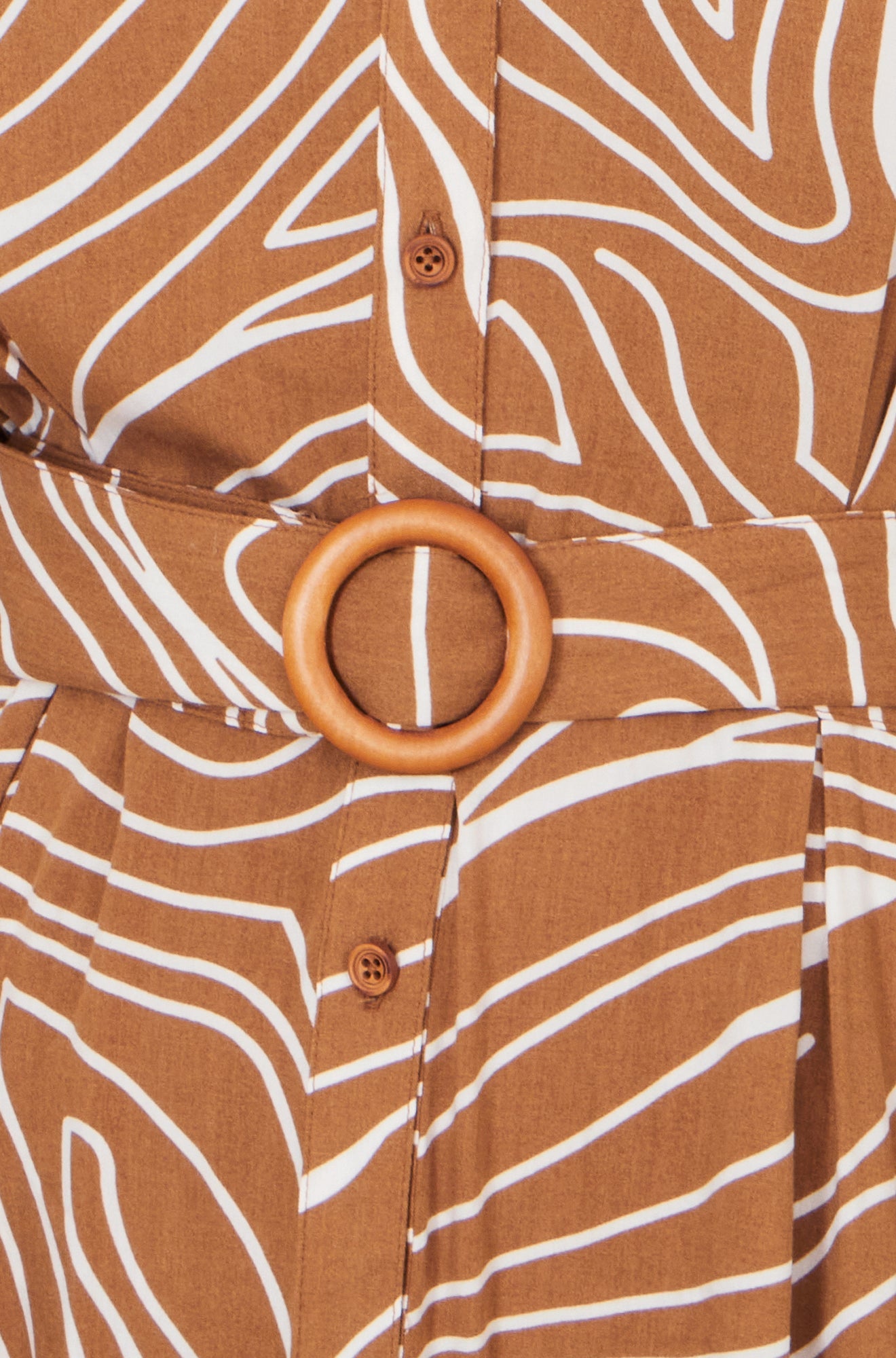 Brown Abstract Swirl Print Relaxed Midi Shirt Dress With Belt