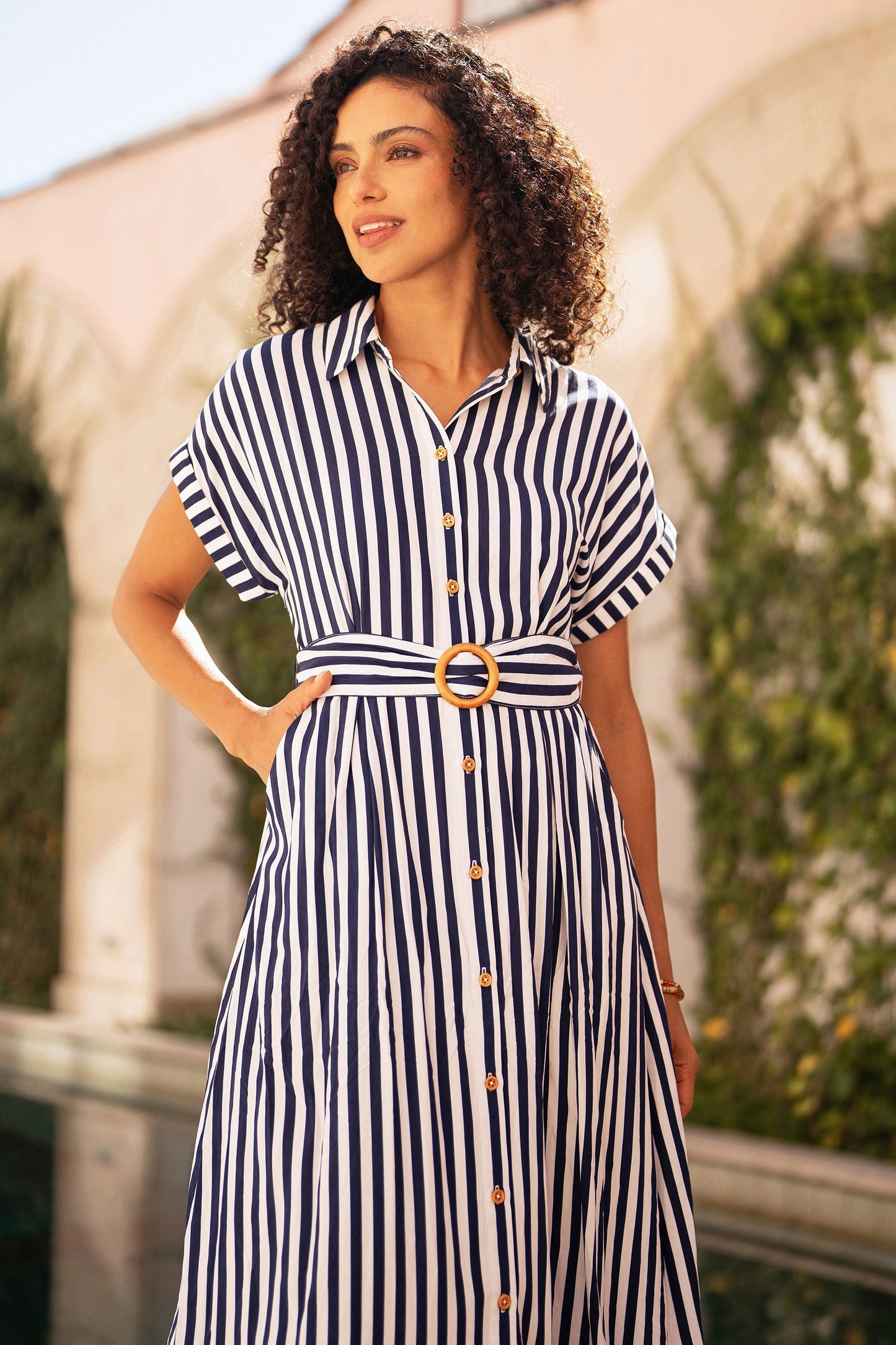 Navy Stripe Print Relaxed Midi Shirt Dress With Belt