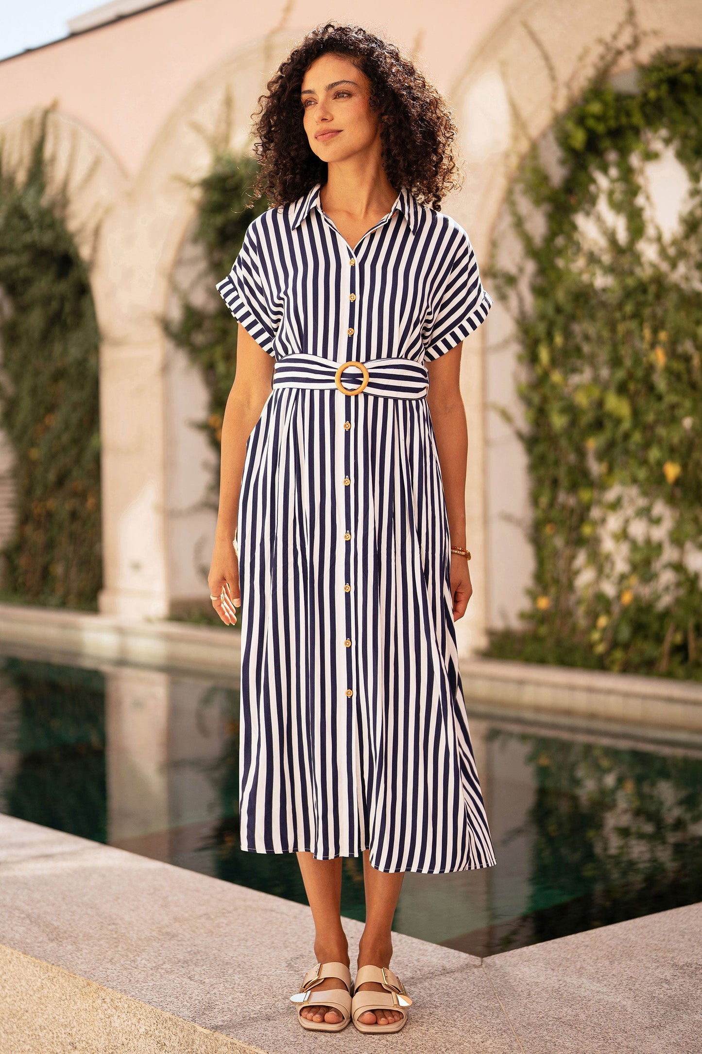 Navy Stripe Print Relaxed Midi Shirt Dress With Belt