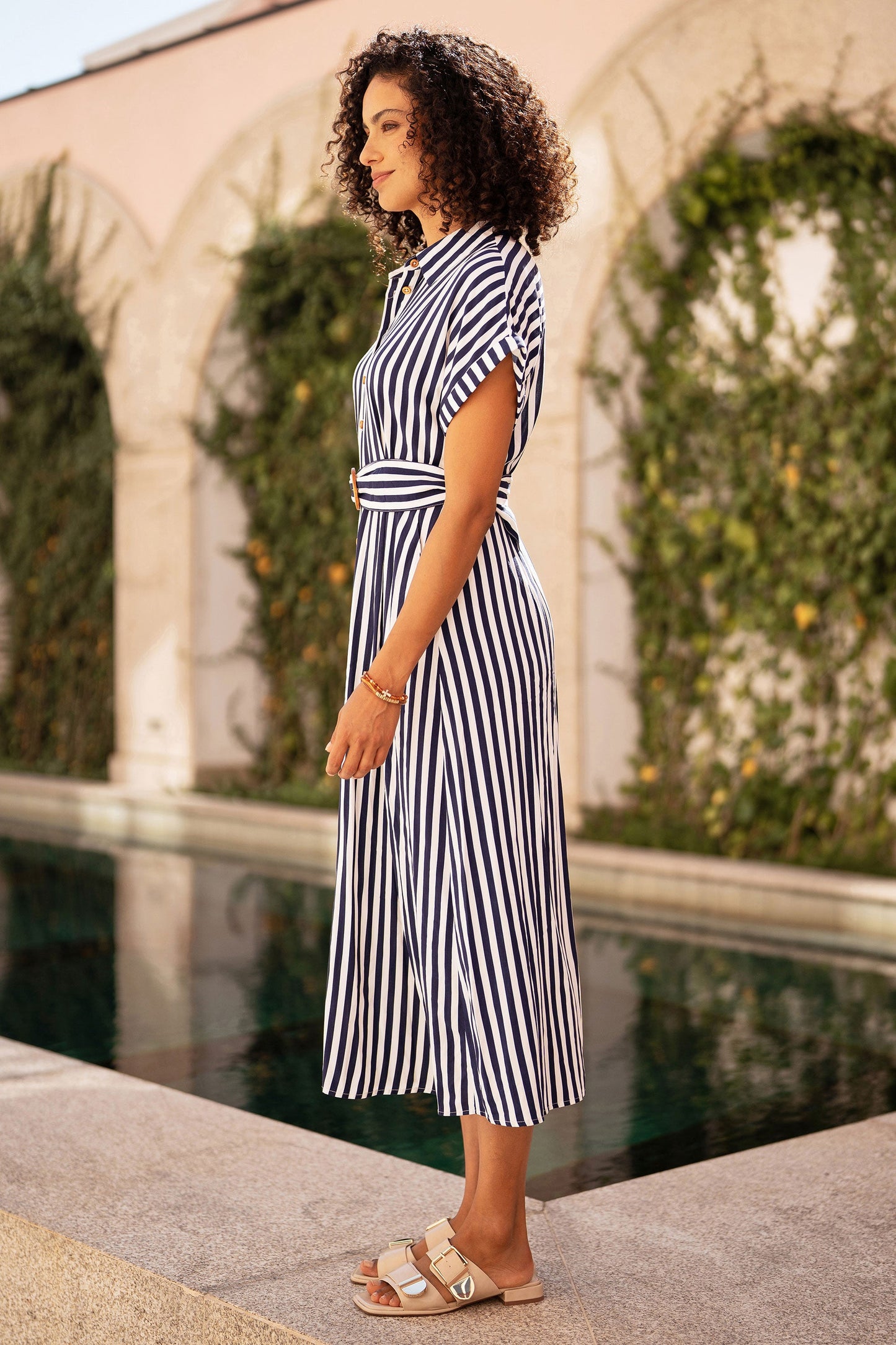 Navy Stripe Print Relaxed Midi Shirt Dress With Belt