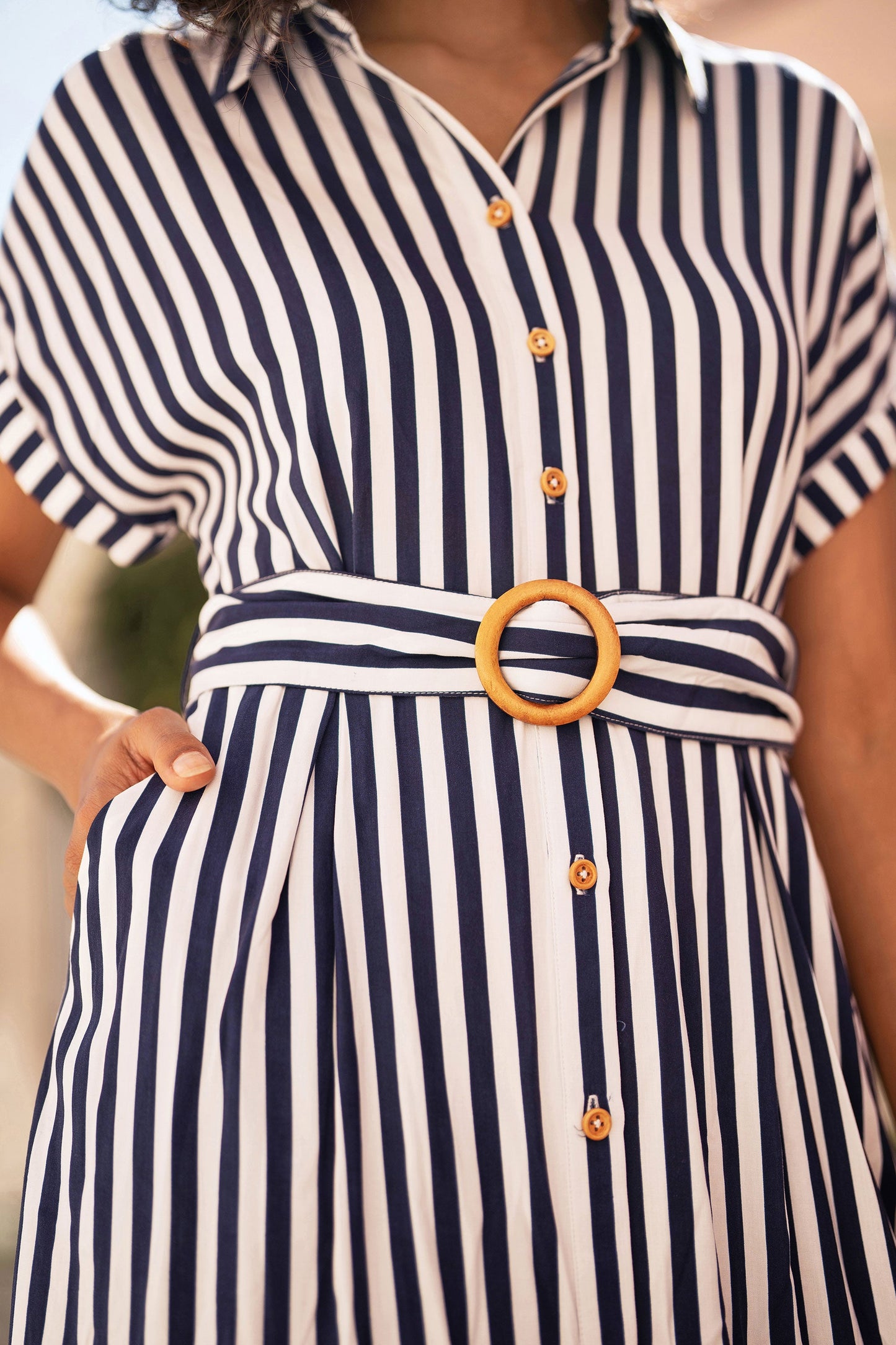 Navy Stripe Print Relaxed Midi Shirt Dress With Belt
