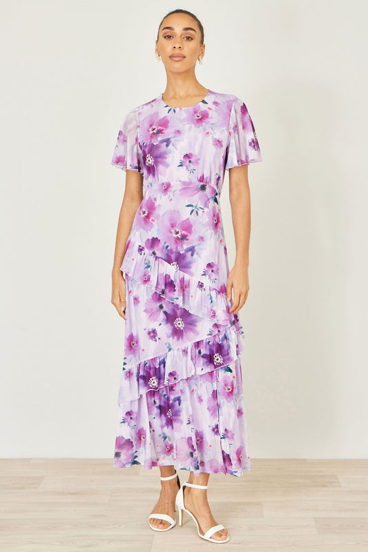 Lavender Floral Print Frill Midi Dress