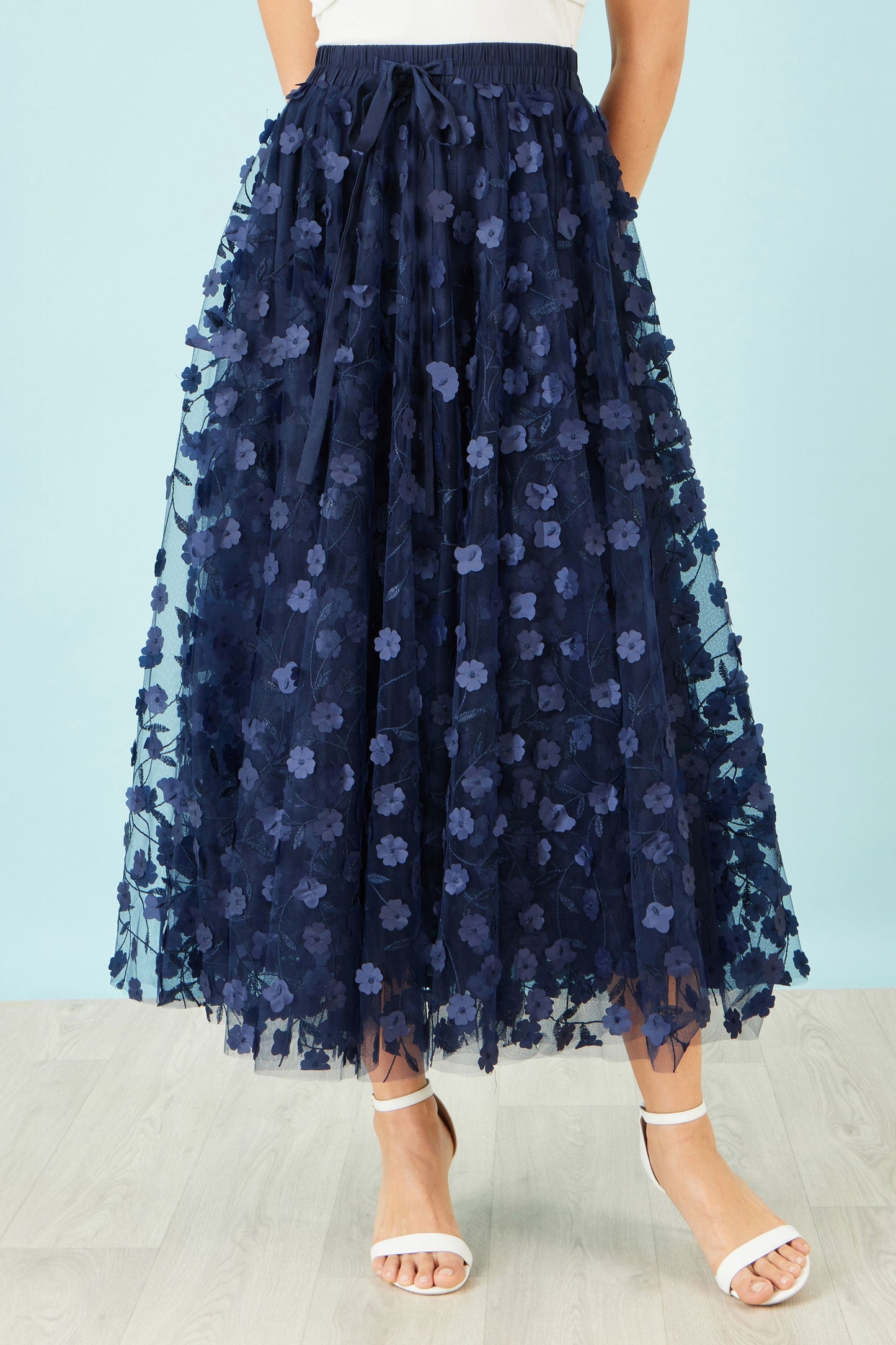Navy Mesh Floral Applique Midi Skirt