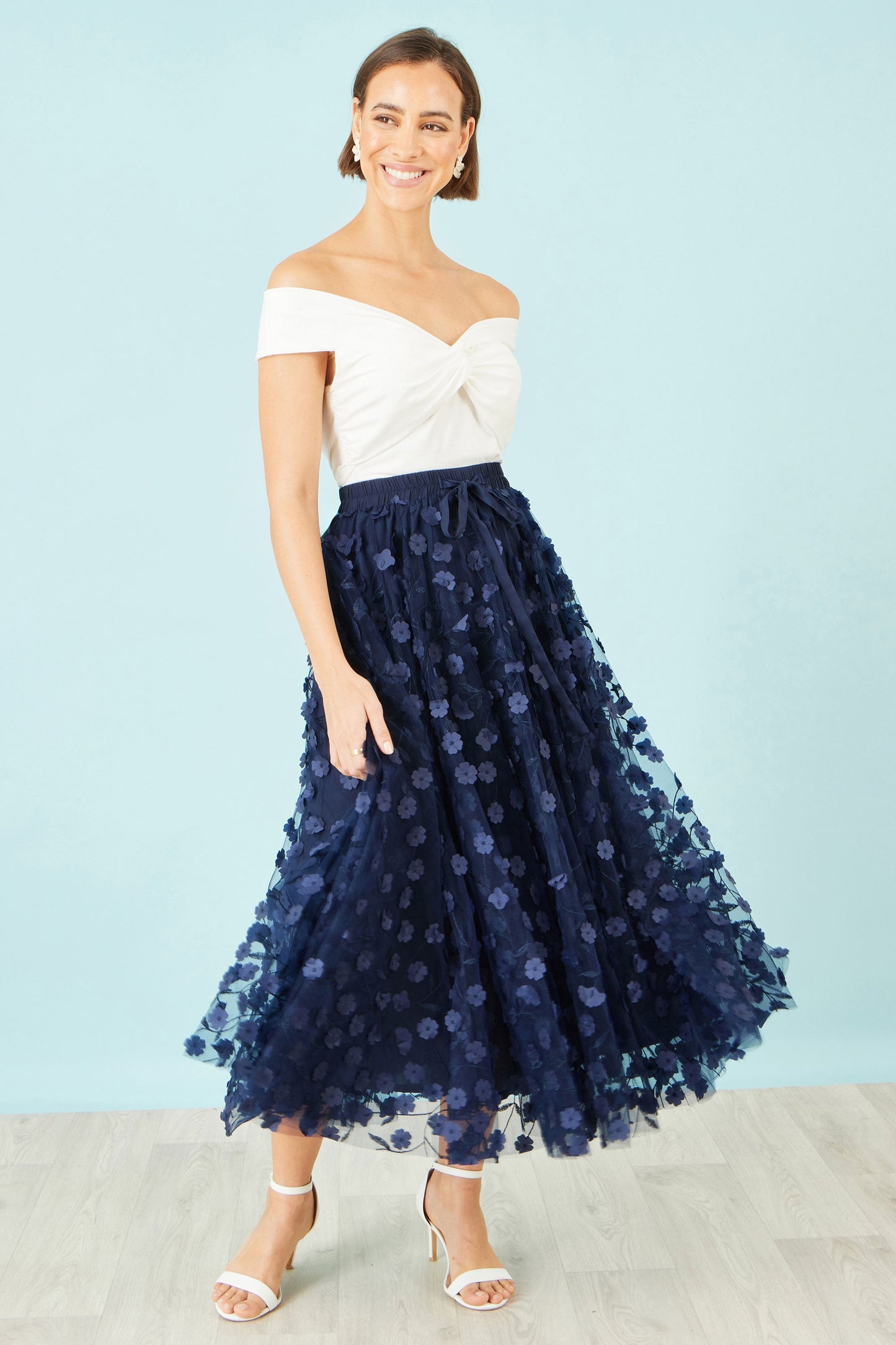Navy Mesh Floral Applique Midi Skirt