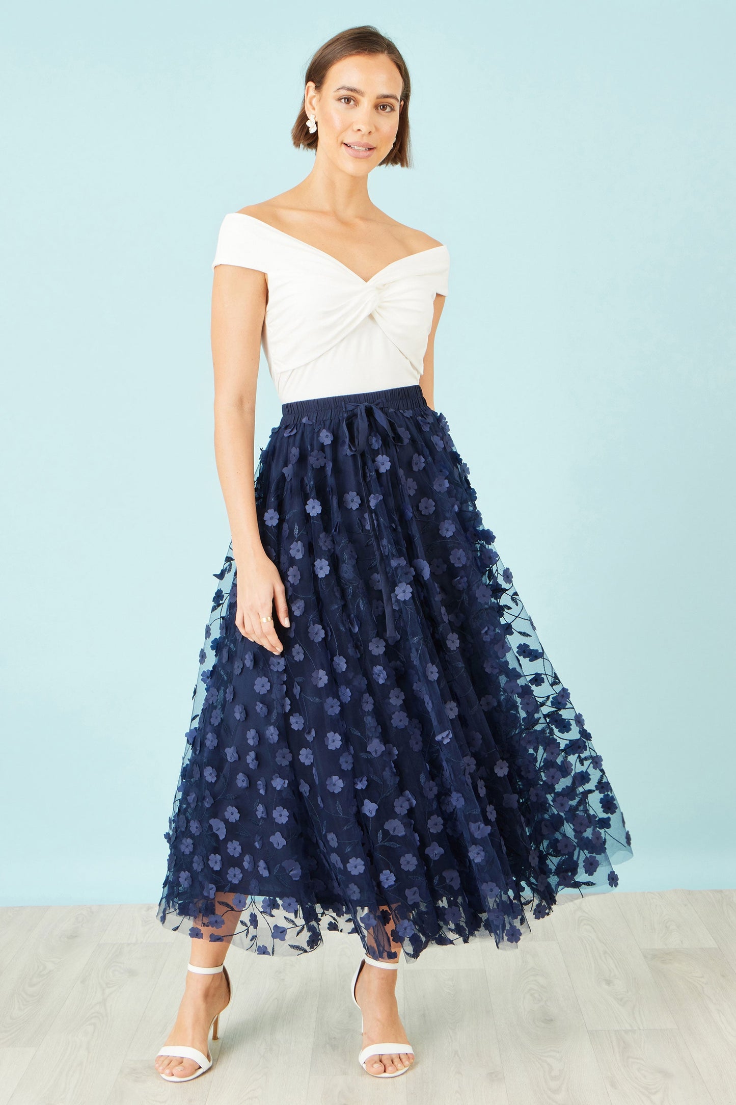 Navy Mesh Floral Applique Midi Skirt