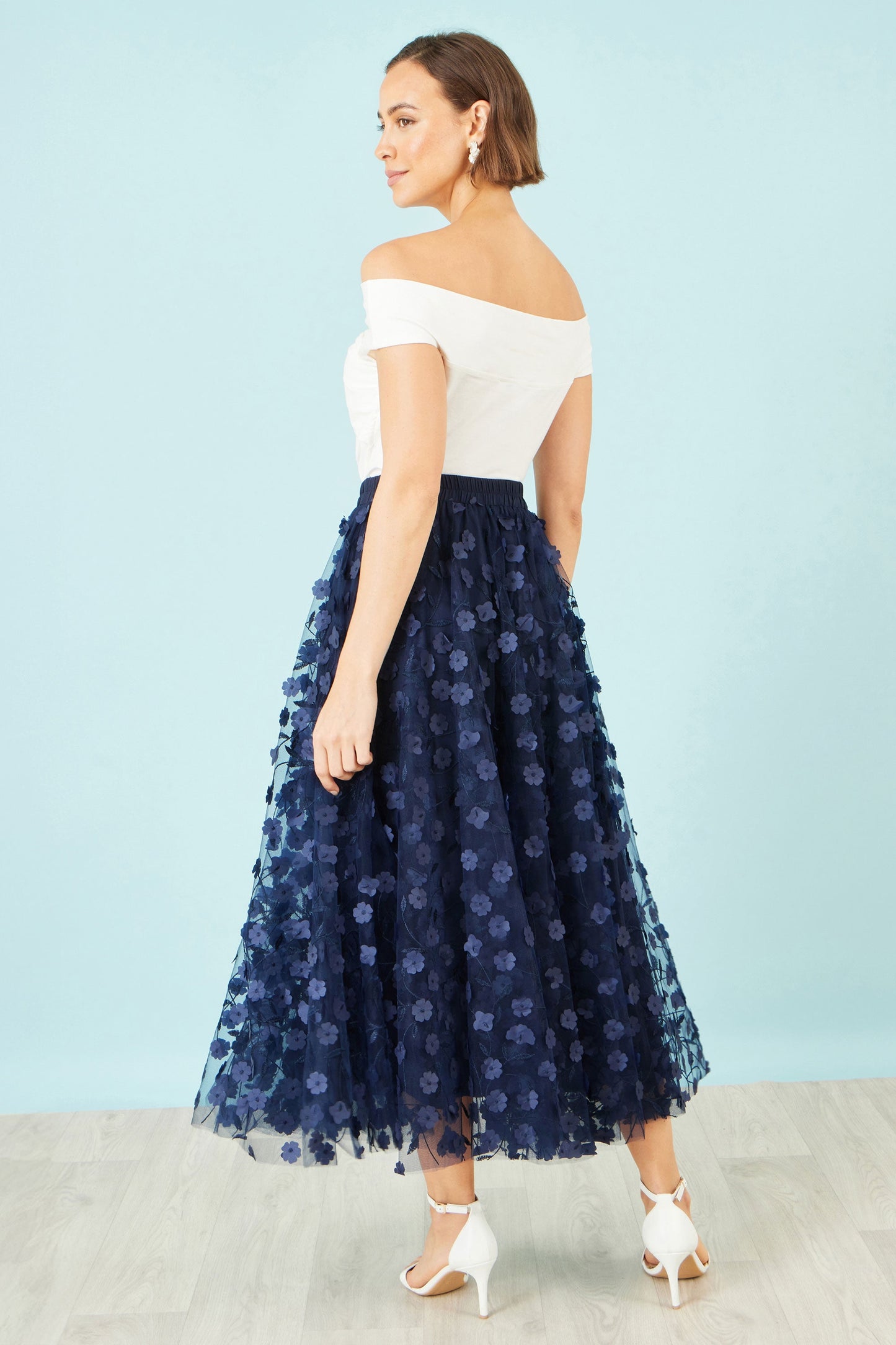 Navy Mesh Floral Applique Midi Skirt
