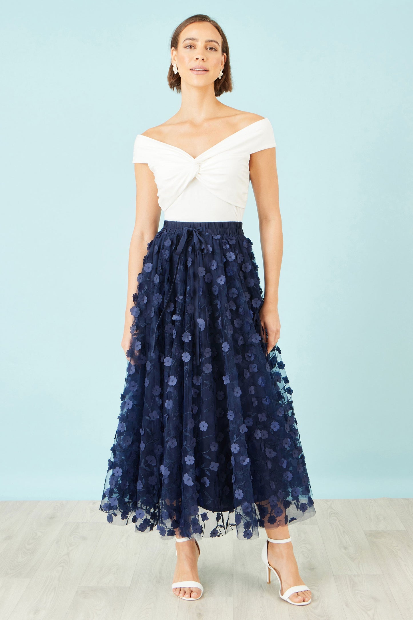 Navy Mesh Floral Applique Midi Skirt
