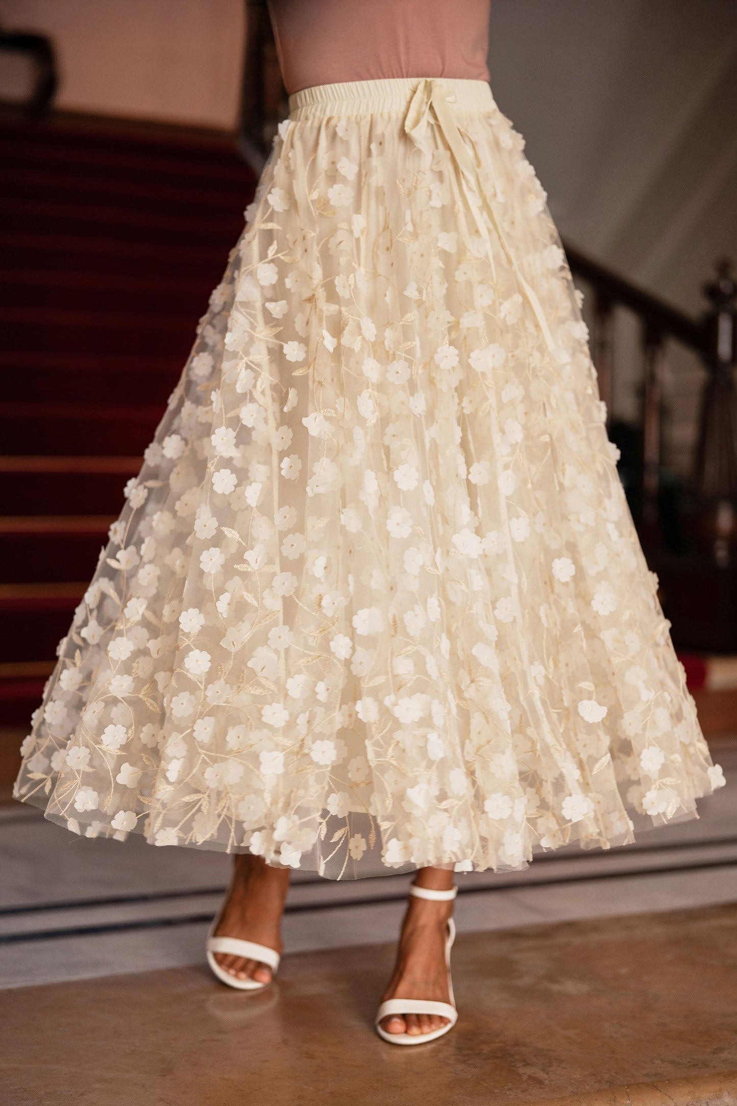 Ivory Mesh Floral Applique Midi Skirt