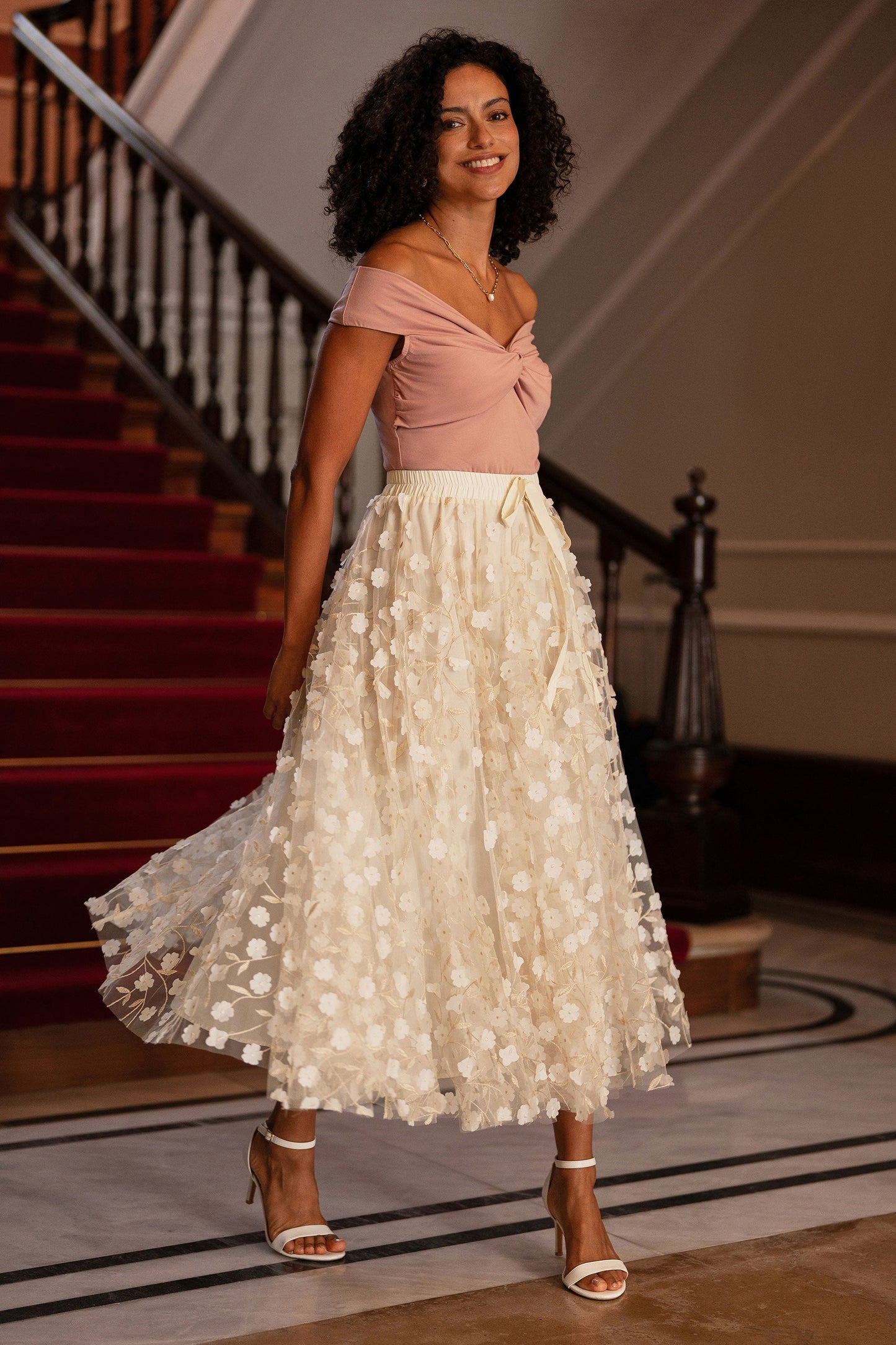 Ivory Mesh Floral Applique Midi Skirt