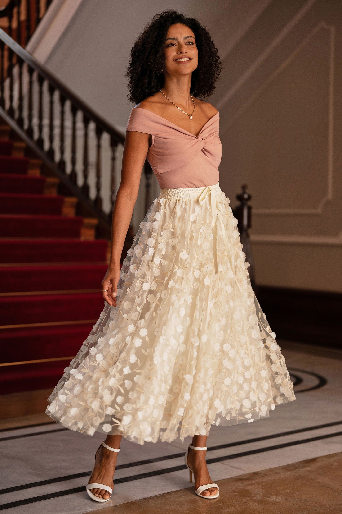Ivory Mesh Floral Applique Midi Skirt