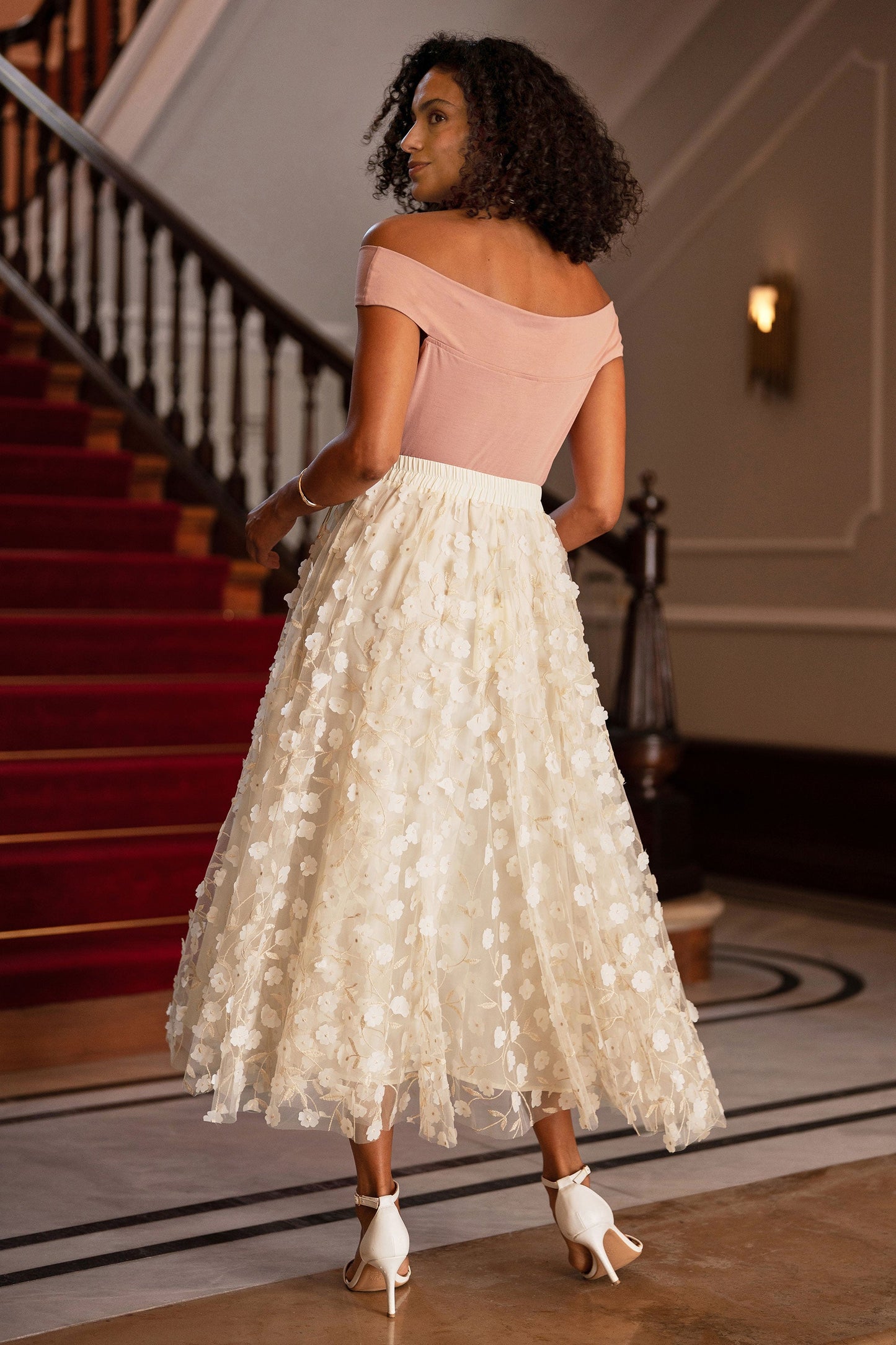 Ivory Mesh Floral Applique Midi Skirt