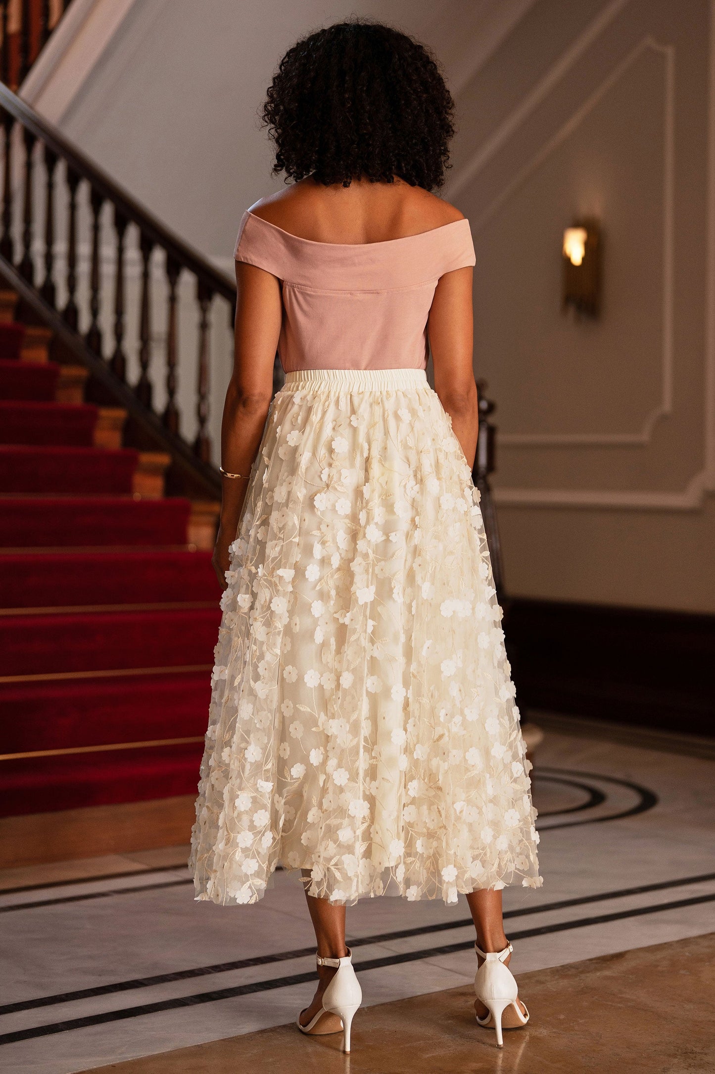 Ivory Mesh Floral Applique Midi Skirt