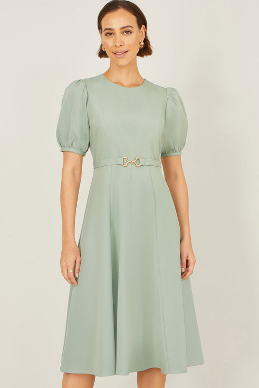 Open Back Mint Skater Dress With Puff Sleeves And Buckle Detail